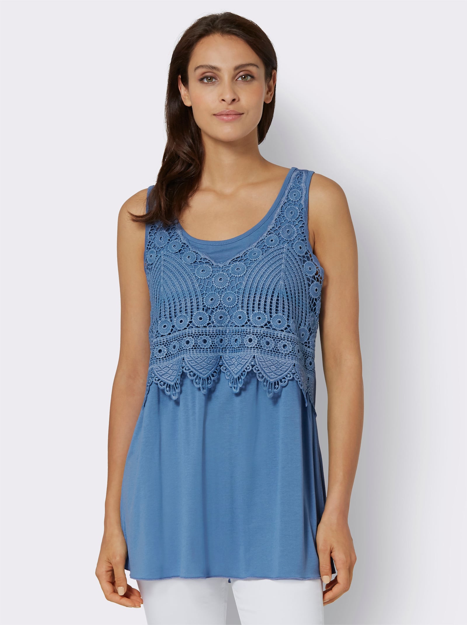 Shirttop met gehaakt kant - middenblauw