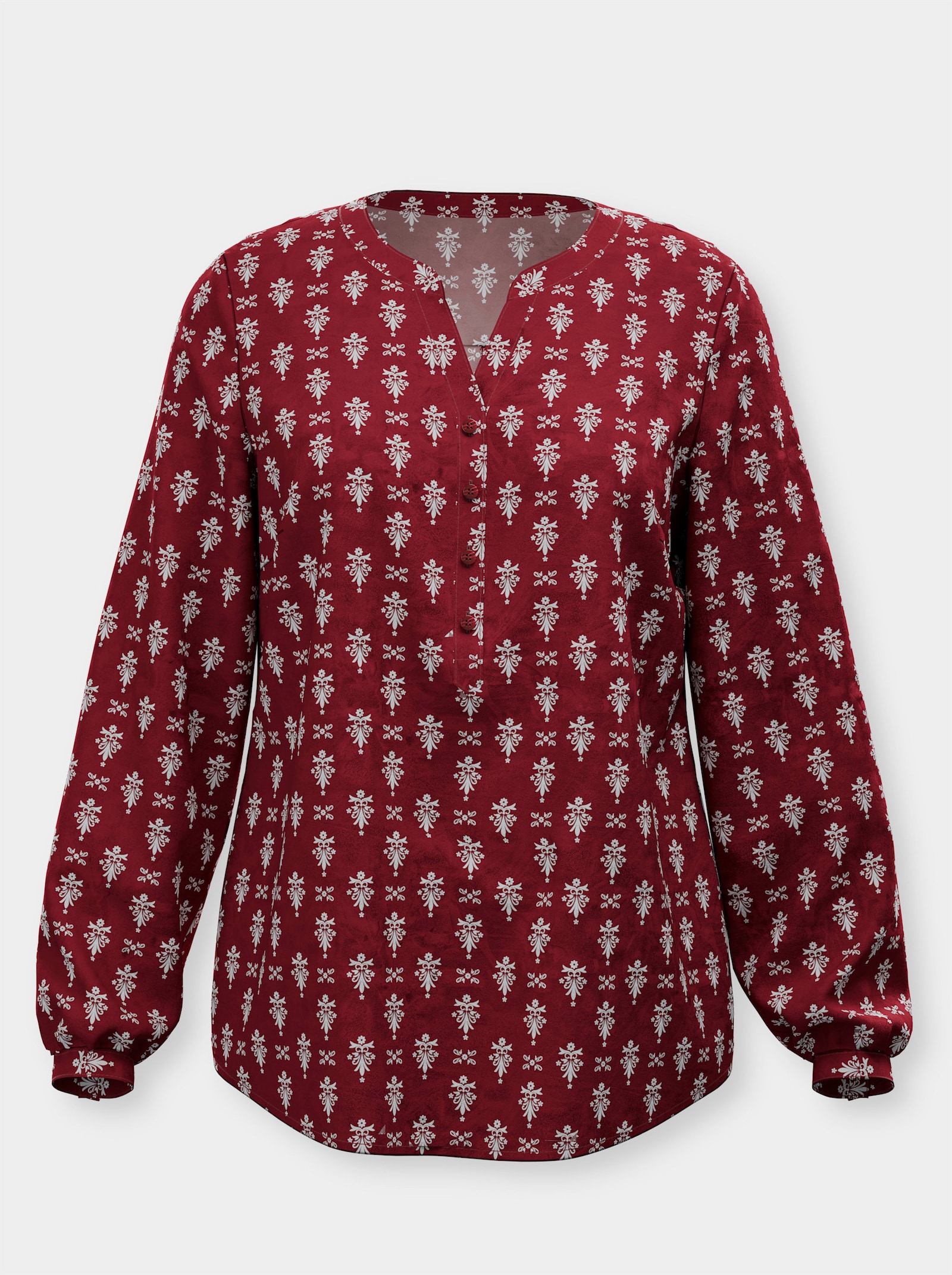 Schlupfbluse mit kurzer Knopfleiste - dunkelrot-ecru-bedruckt