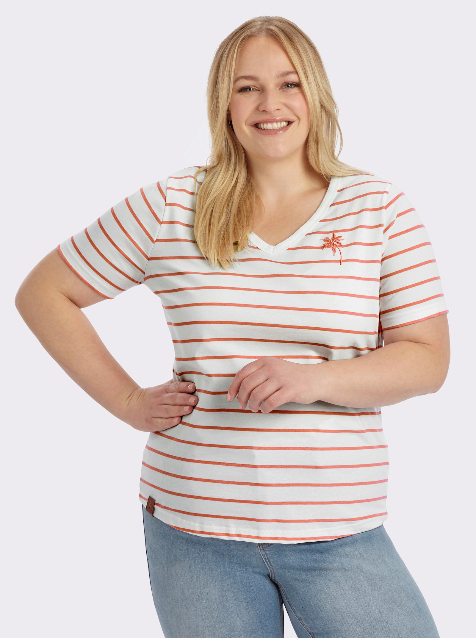  Shirt mit Stickerei, geringelt - papaya-ecru-geringelt