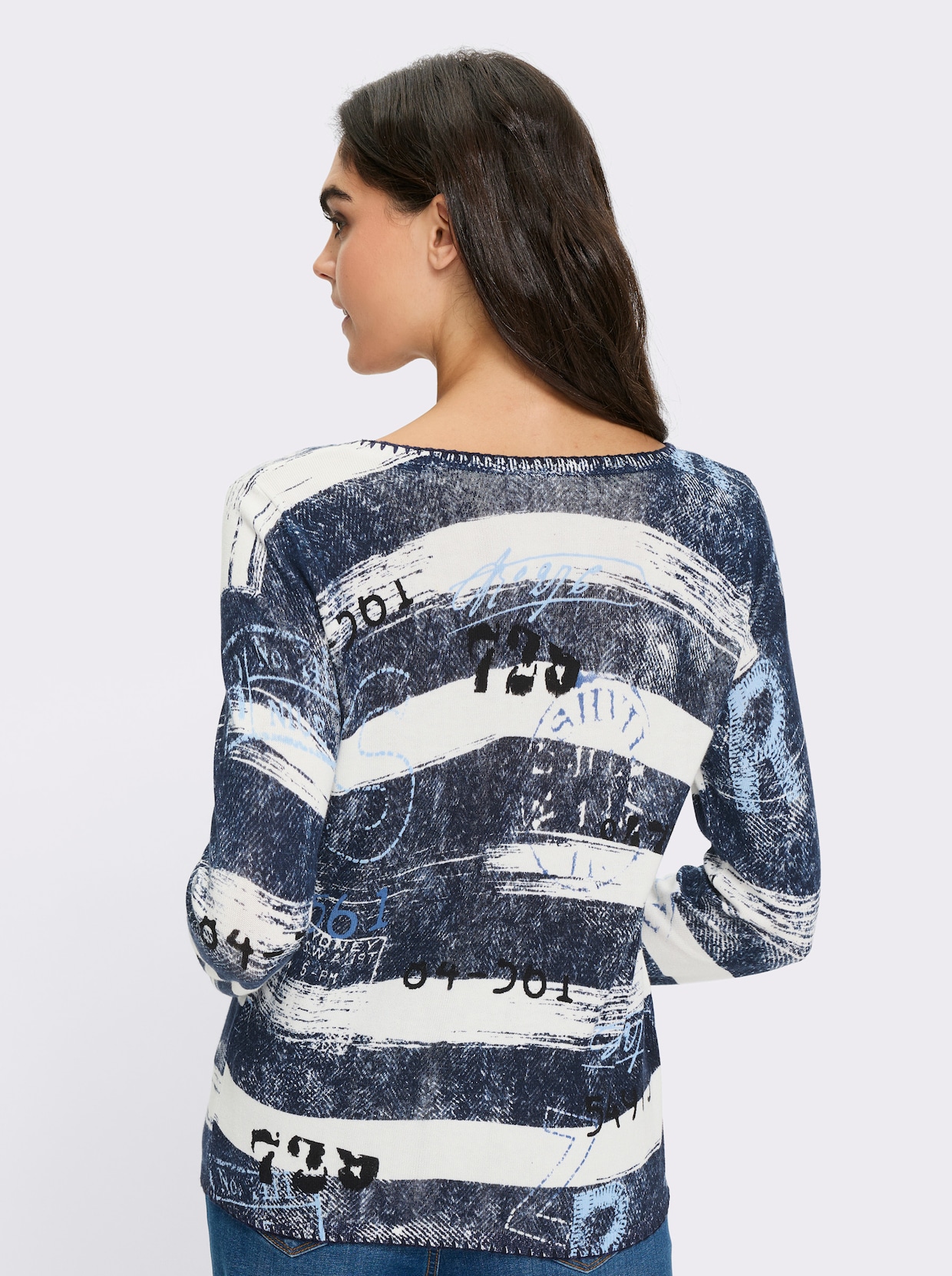 heine Langarm-Pullover - jeansblau-ecru-bedruckt