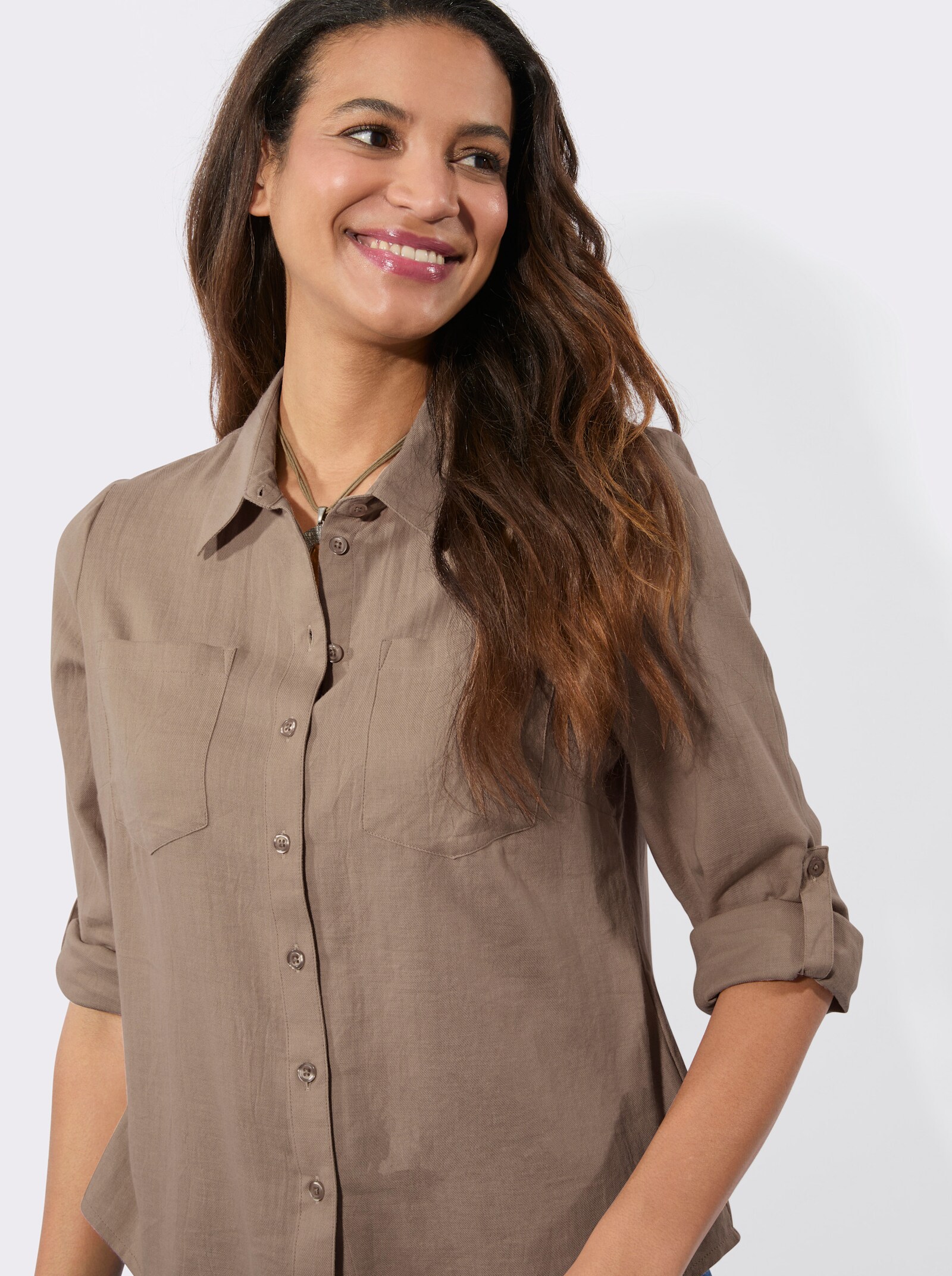 Flanellbluse mit Karomuster-Details - beige