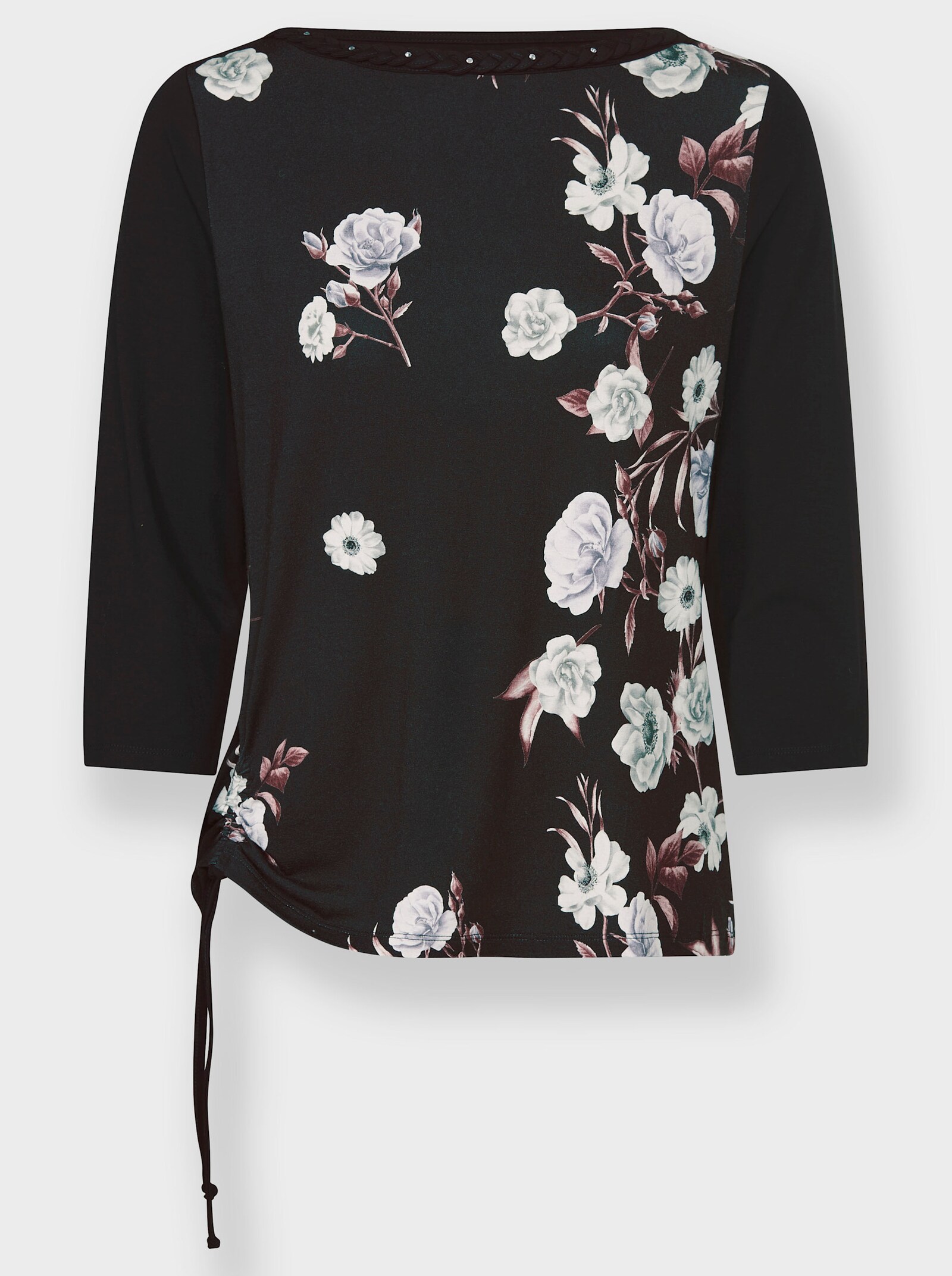 3/4-Arm-Shirt mit Glitzersteinchen - schwarz-flieder-bedruckt