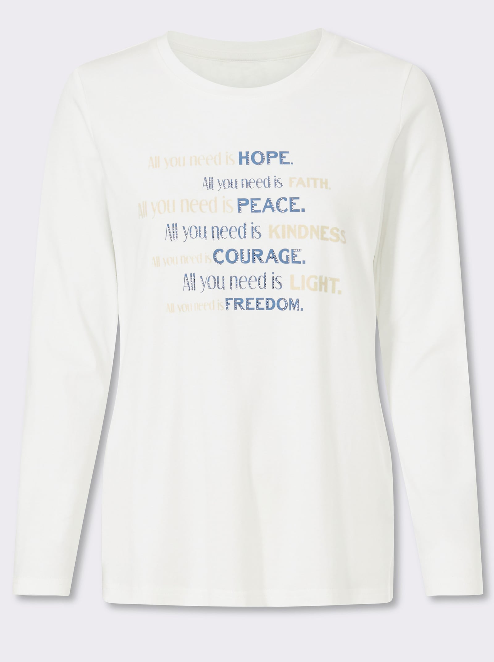 heine Langarmshirt Mit Ziersteinchen - ecru-mittelblau-gemustert