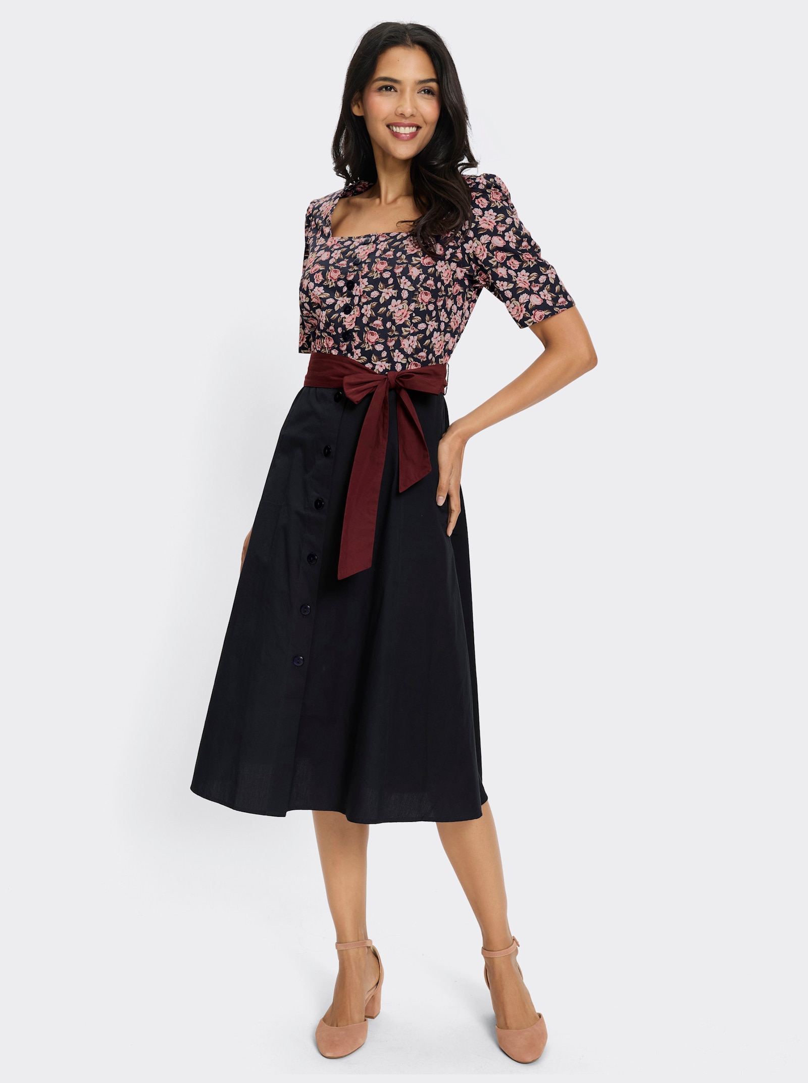 Trachtenkleid mit Karree-Ausschnitt - marine-rosenquarz-bedruckt
