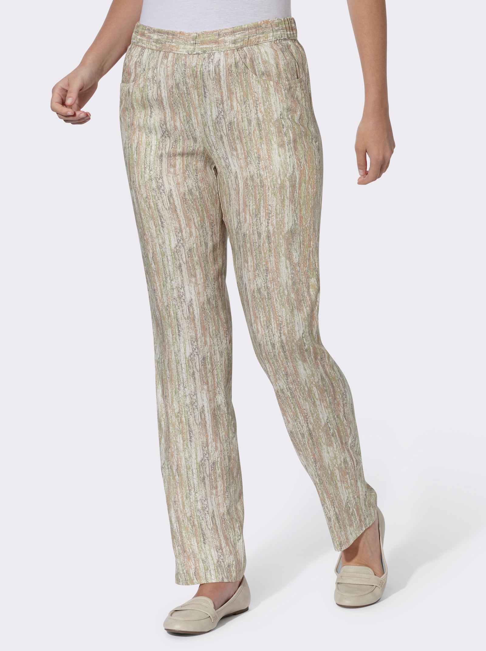 Comfortbroek van pure viscose - champagne/taupe bedrukt