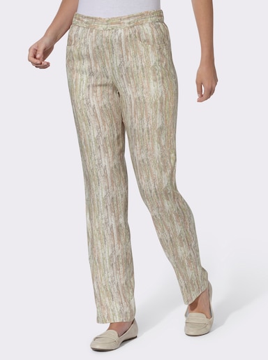Comfortbroek van pure viscose - champagne/taupe bedrukt