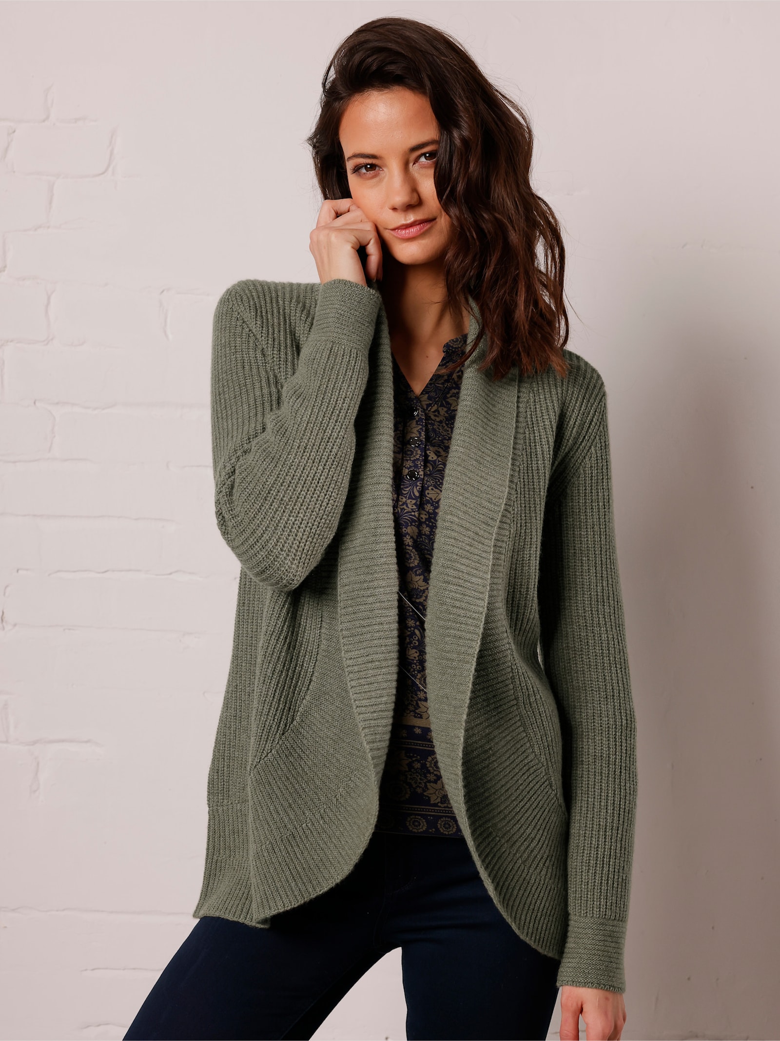 CREATION L PREMIUM Strickjacke im Schurwoll-Kaschmir-Mix - khaki-meliert