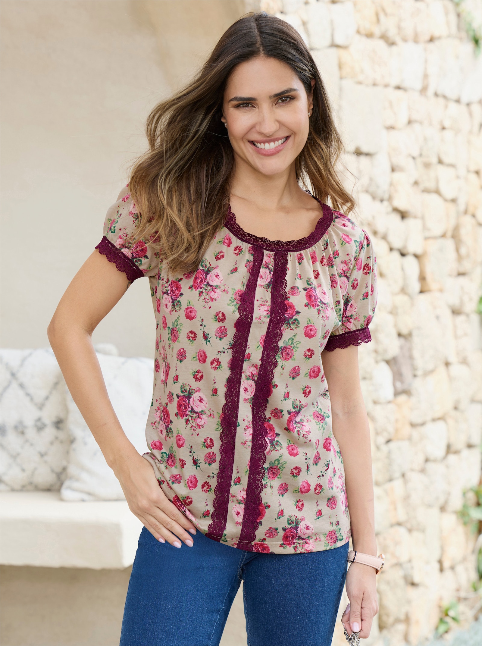 Trachtenshirt mit Spitzen-Details - beige-kirsche-bedruckt