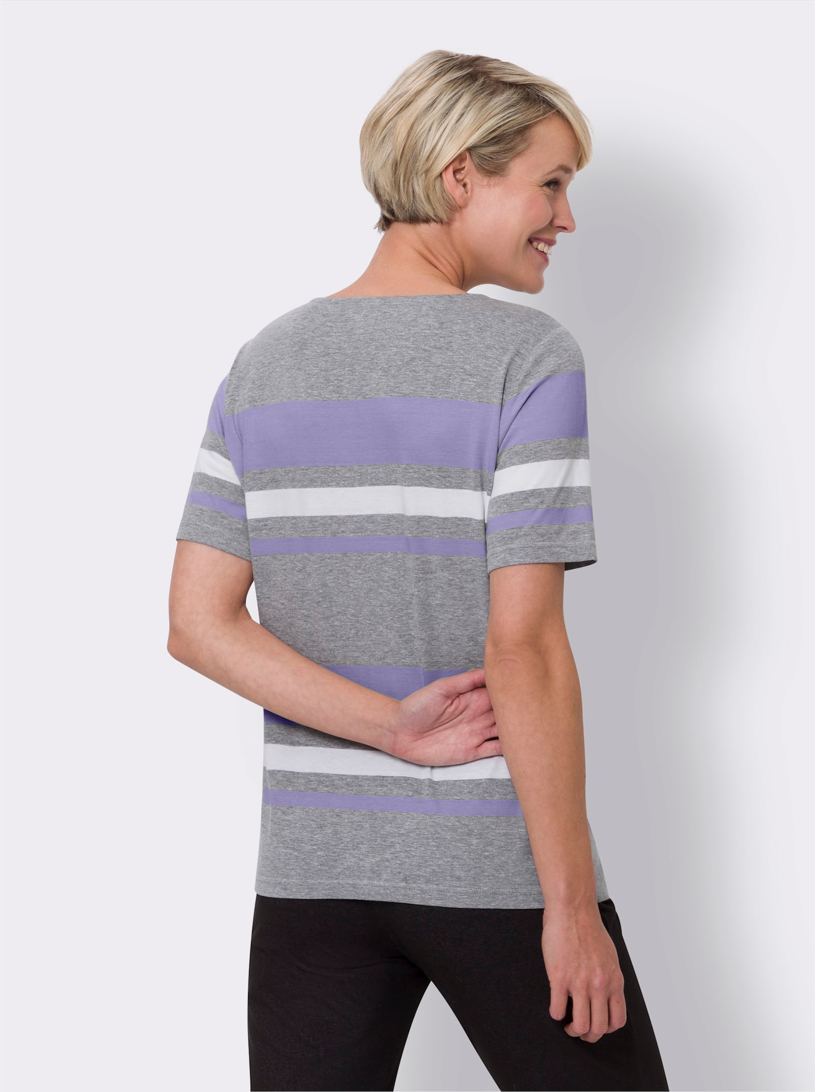 Kurzarmshirt mit garngefärbtem Streifen - grau-meliert-lavendel-gestreift