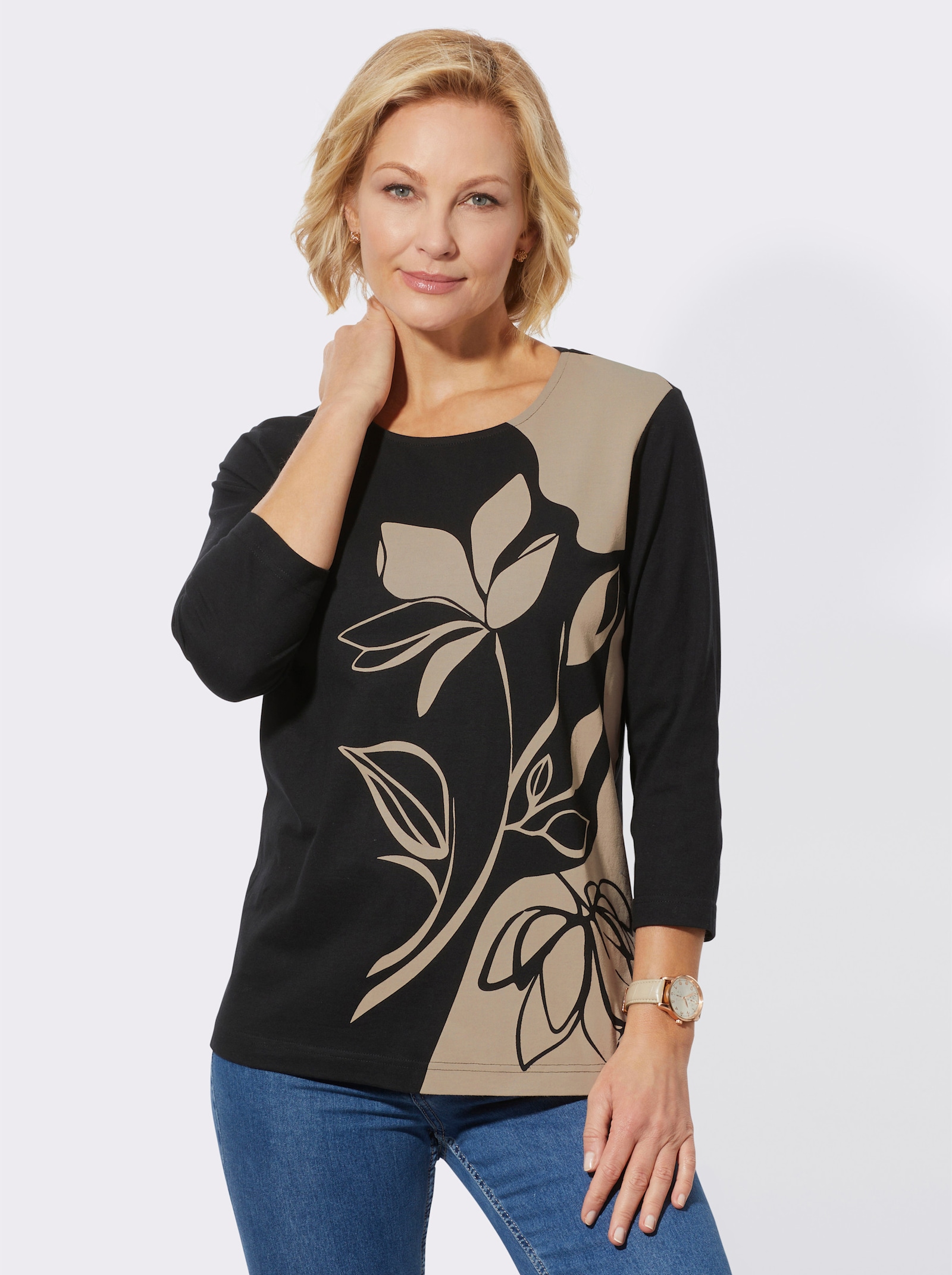Rundhalsshirt mit Blumen-Dessin - schwarz-beige-bedruckt