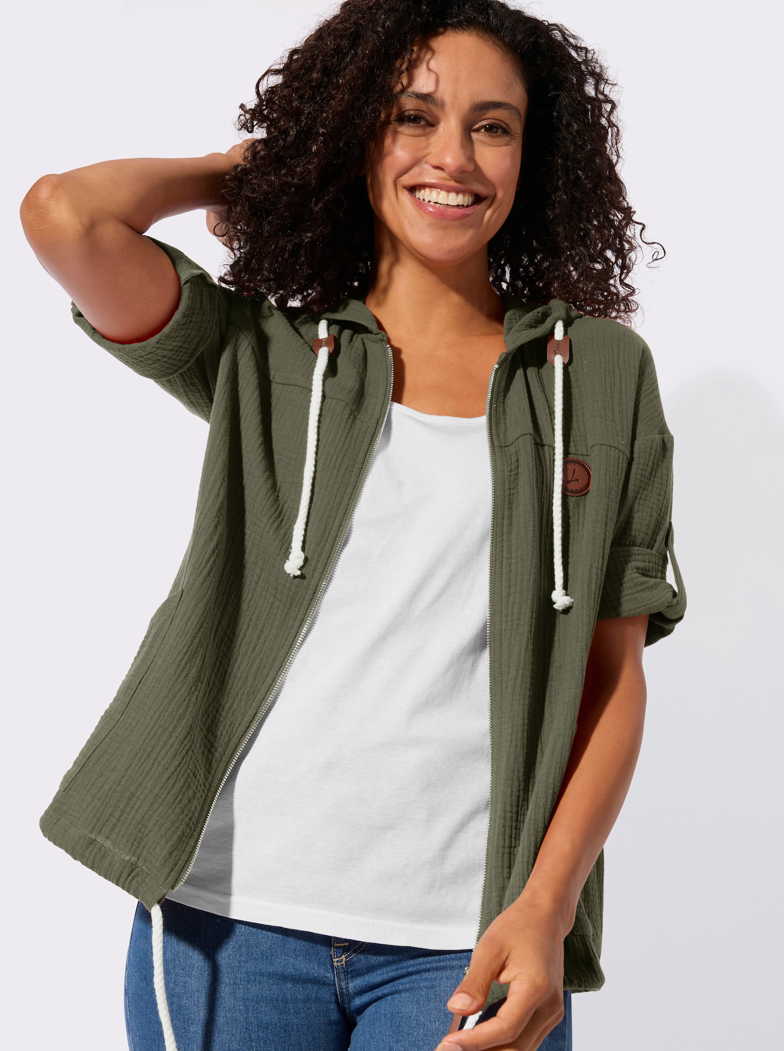 Blusenjacke mit Tunnelzug im Saum - khaki