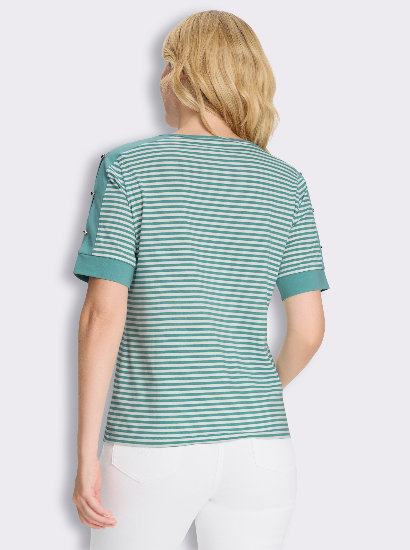 Kurzarmshirt mit Zierknöpfen - salbei-ecru-geringelt