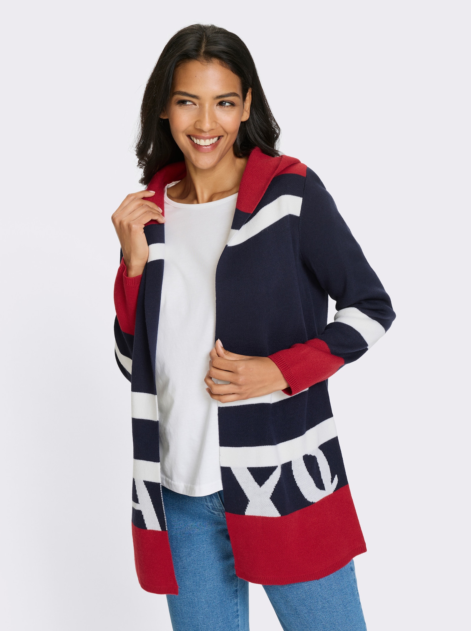 Dlouhý pletený kabátek s kapucí, žakár - námořnická modrá-bílá-proužek