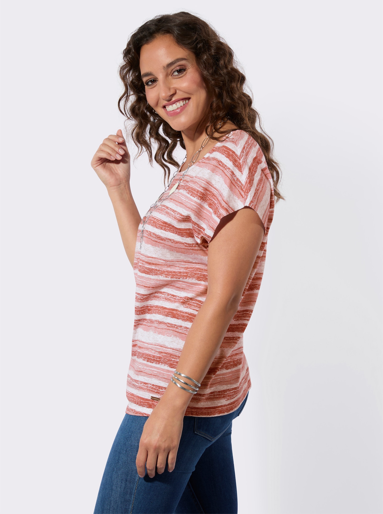 Print-Shirt im Ringel-Dessin - ecru-puder-bedruckt