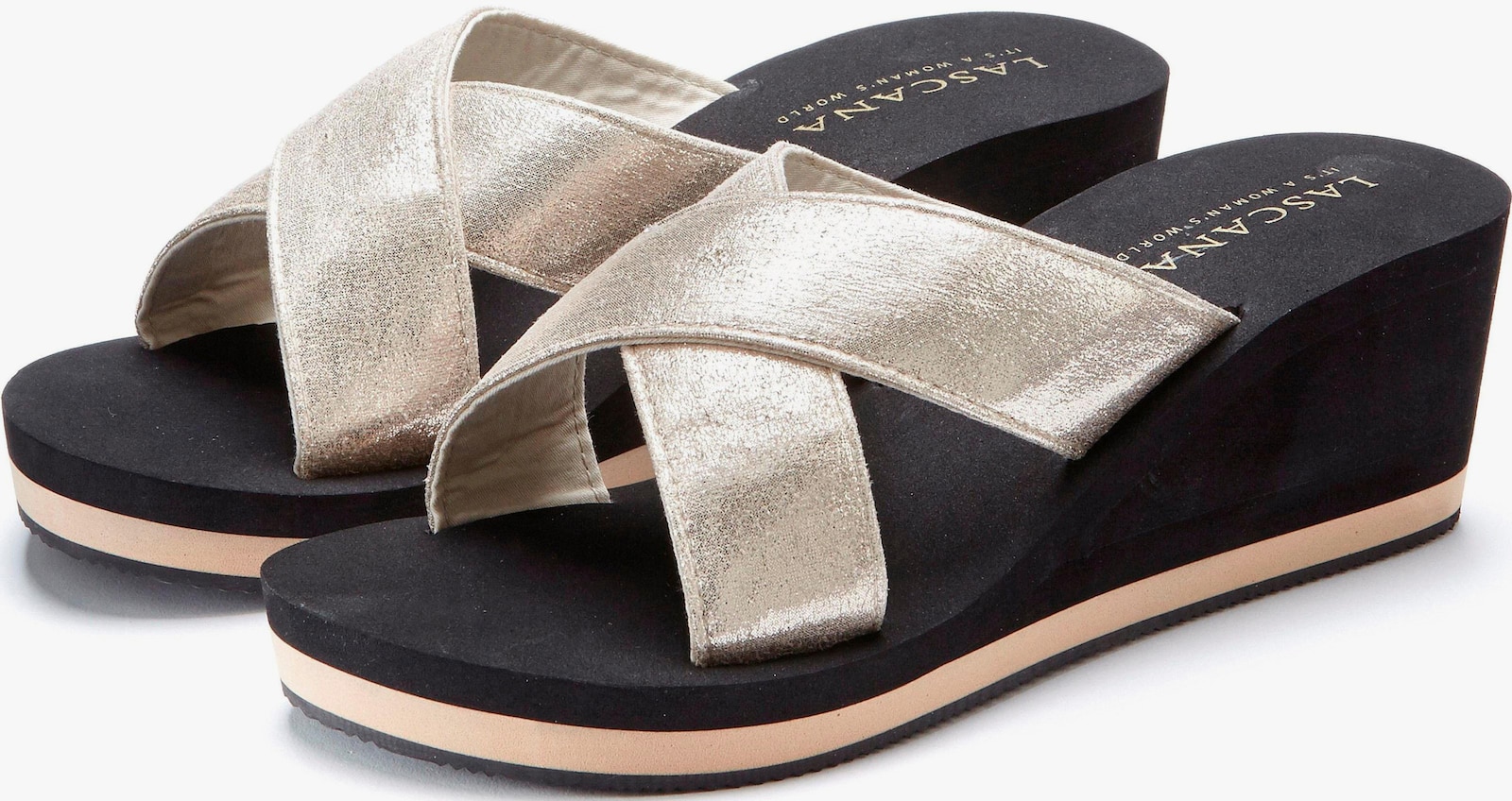 LASCANA Badepantolette - schwarz-goldfarben