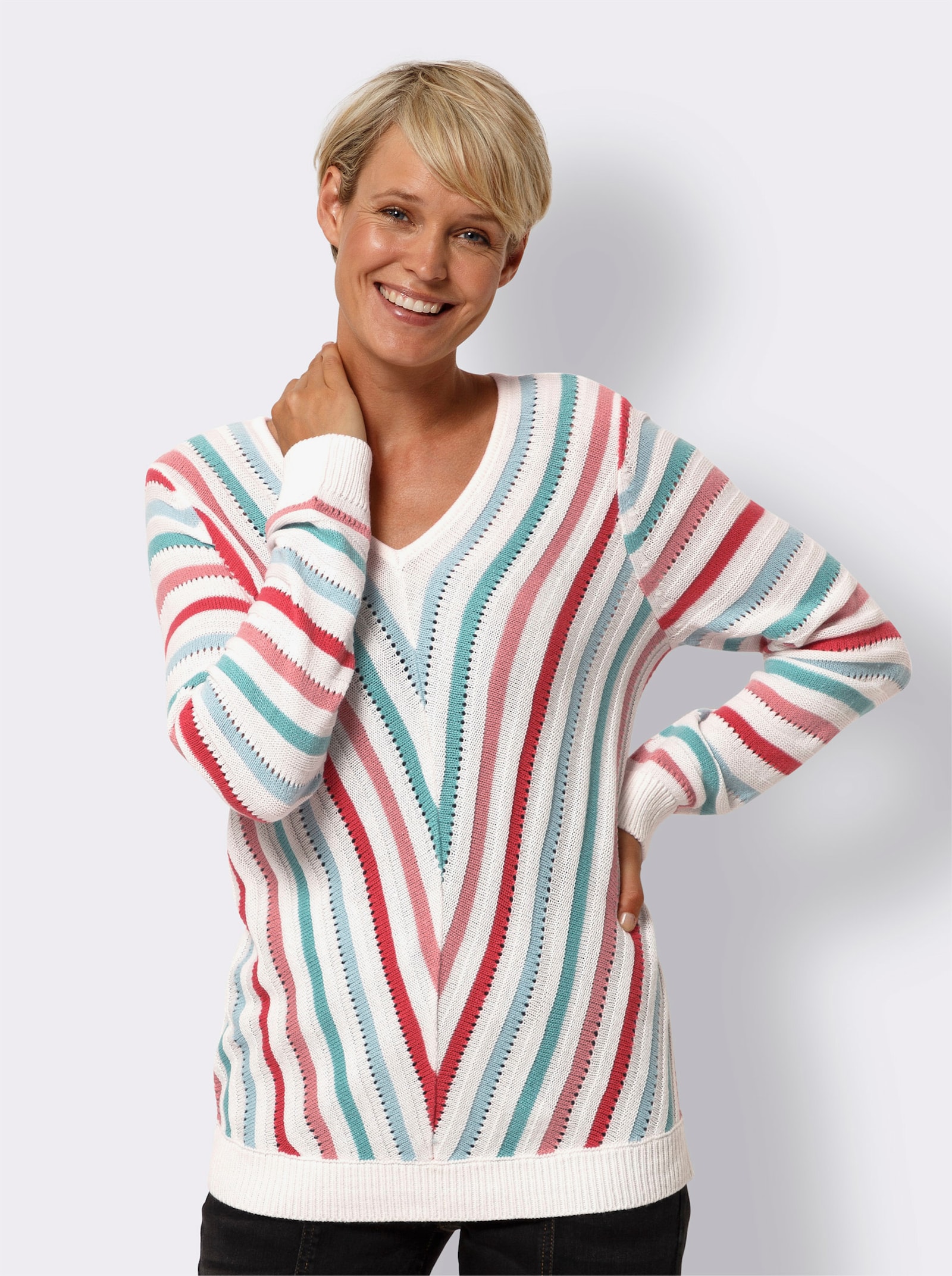 Pulóver s výstr. do V a pruh. vzorom - svetlobéžovo-oceánový vzor