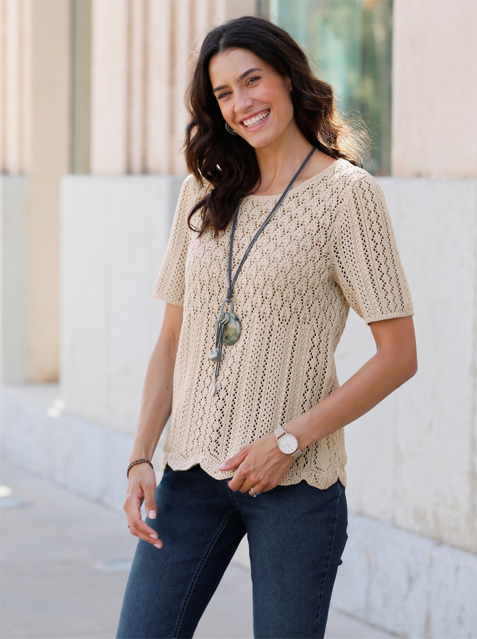 Ajourpullover mit gewelltem Saum - sesam-ecru-meliert