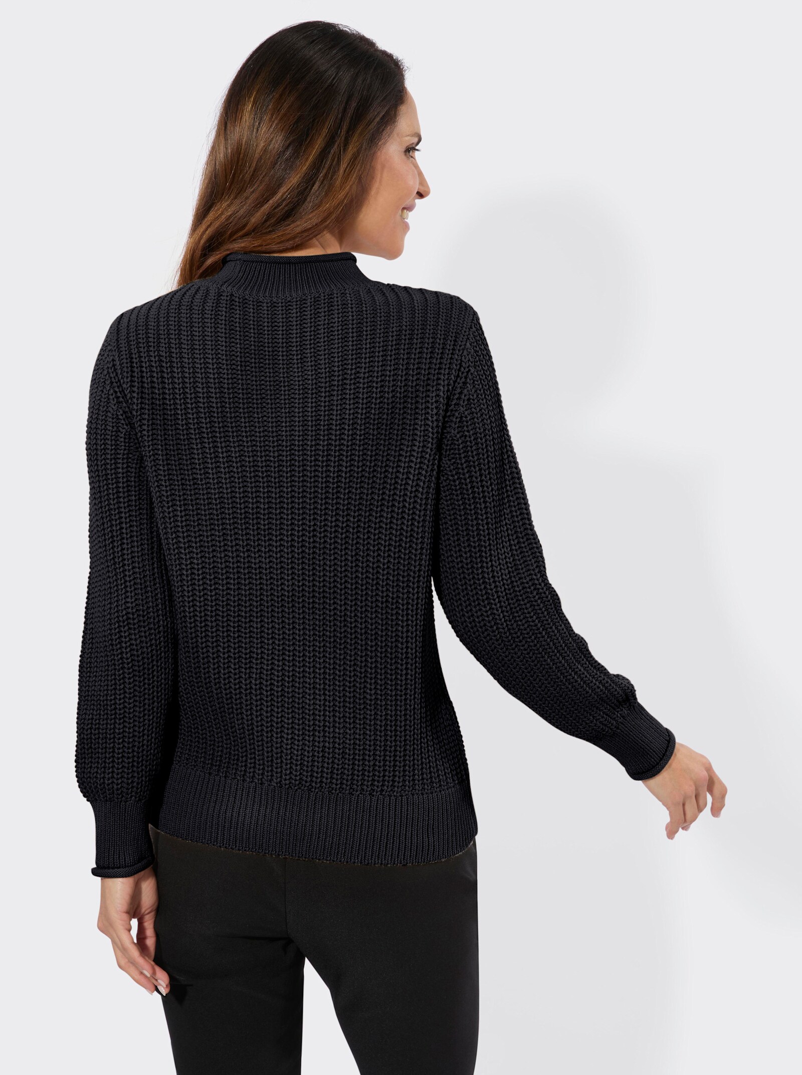 Stehkragenpullover in Patentstrick - schwarz
