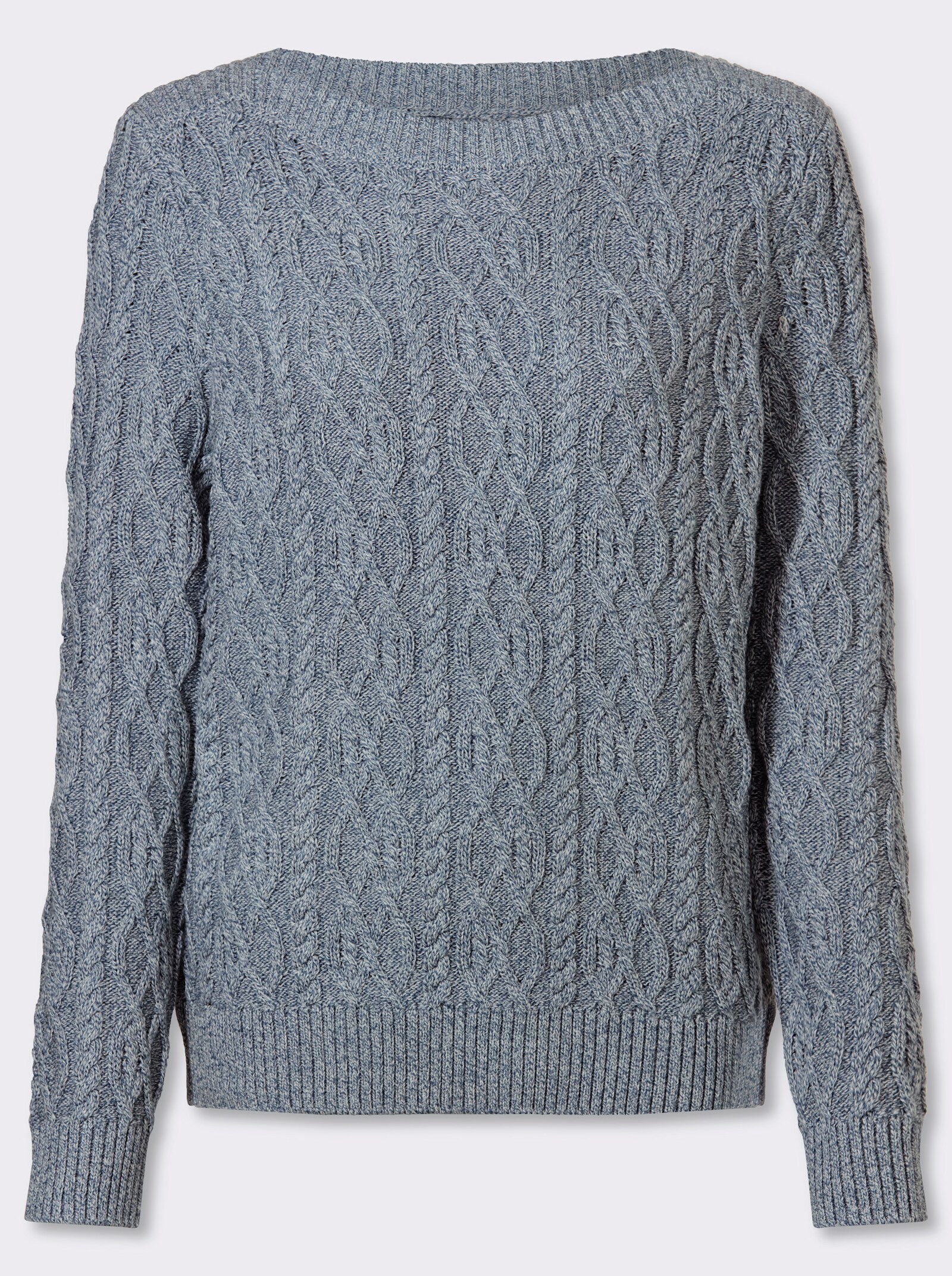 Strickpullover mit aufwendigem Zopfmuster - rauchblau-meliert
