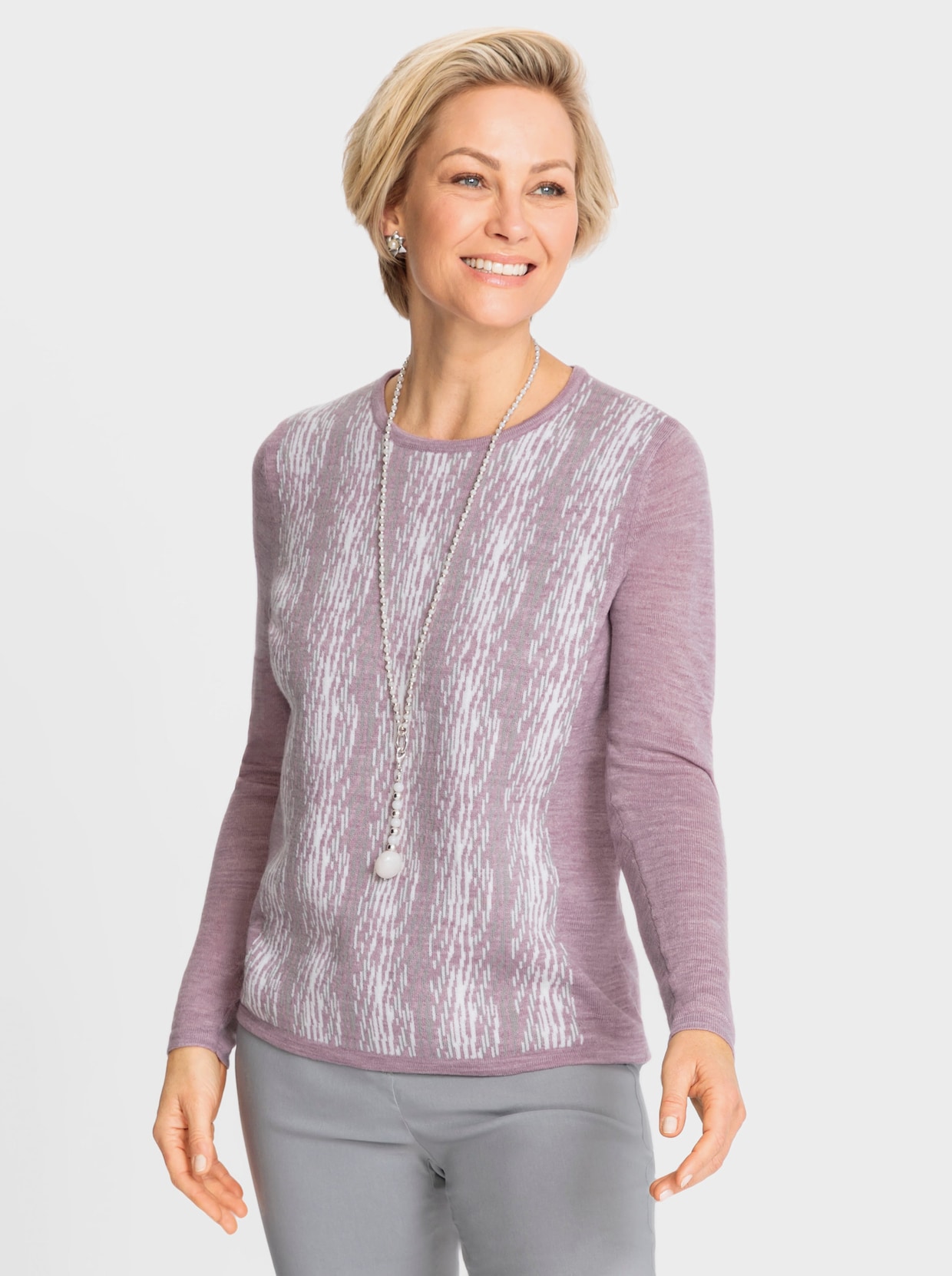 Pullover met ronde hals - mauve/steengrijs gedessineerd