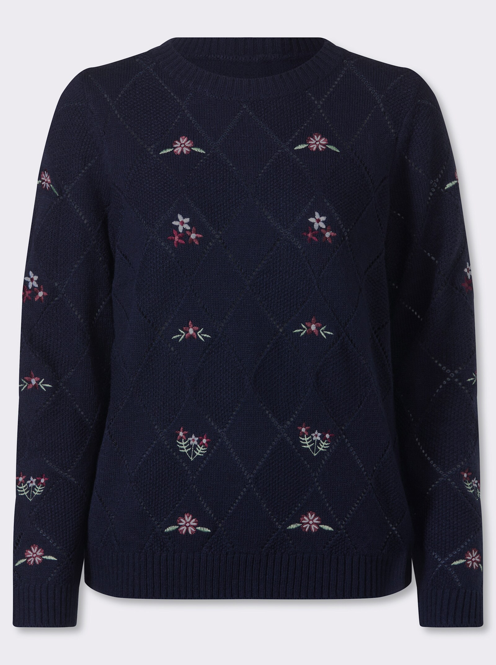 Ajourpullover mit floraler Stickerei - marine
