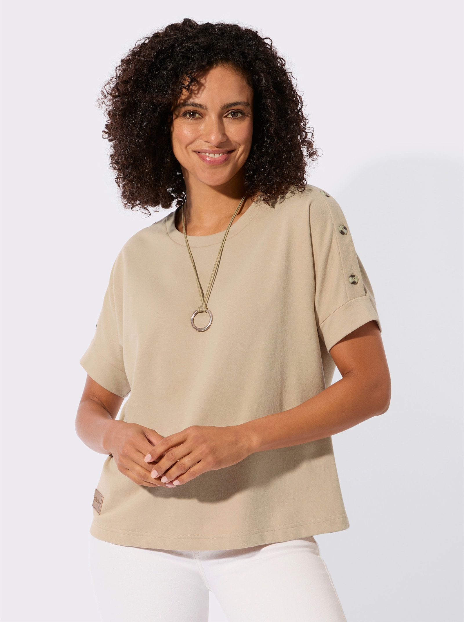 Sweatshirt mit Zierknöpfen an der Schulterpartie - beige