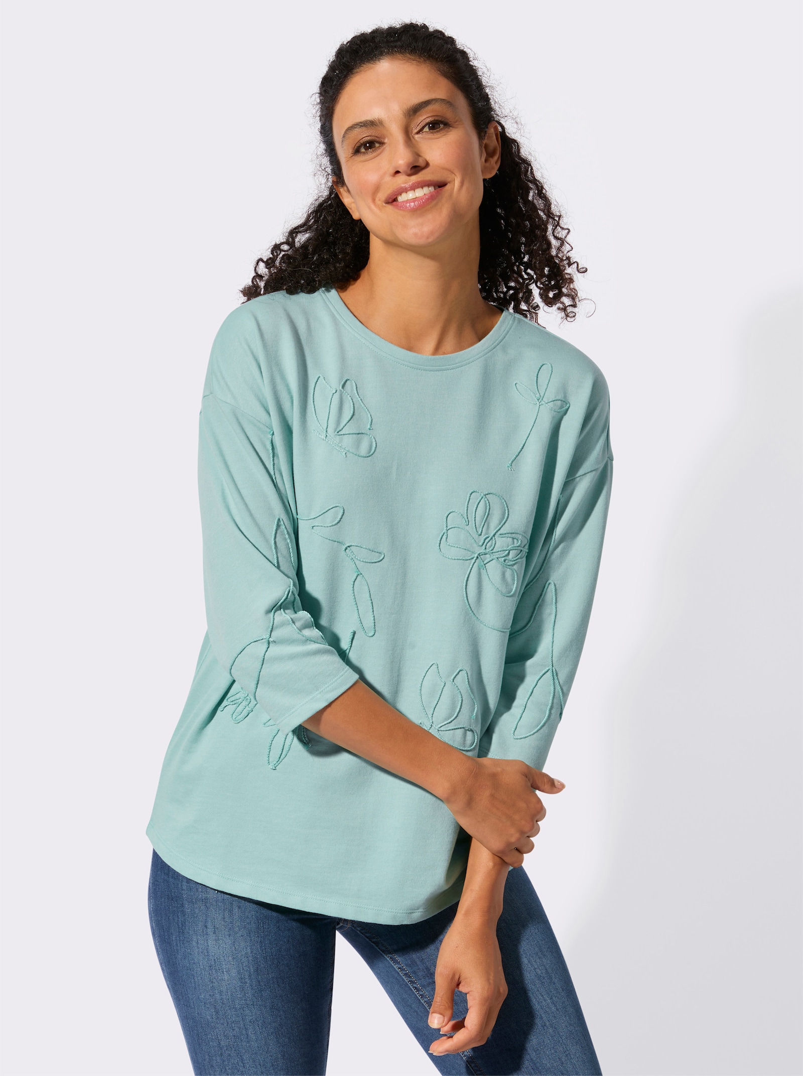 Sweatshirt mit floraler Kurbelstickerei - mint