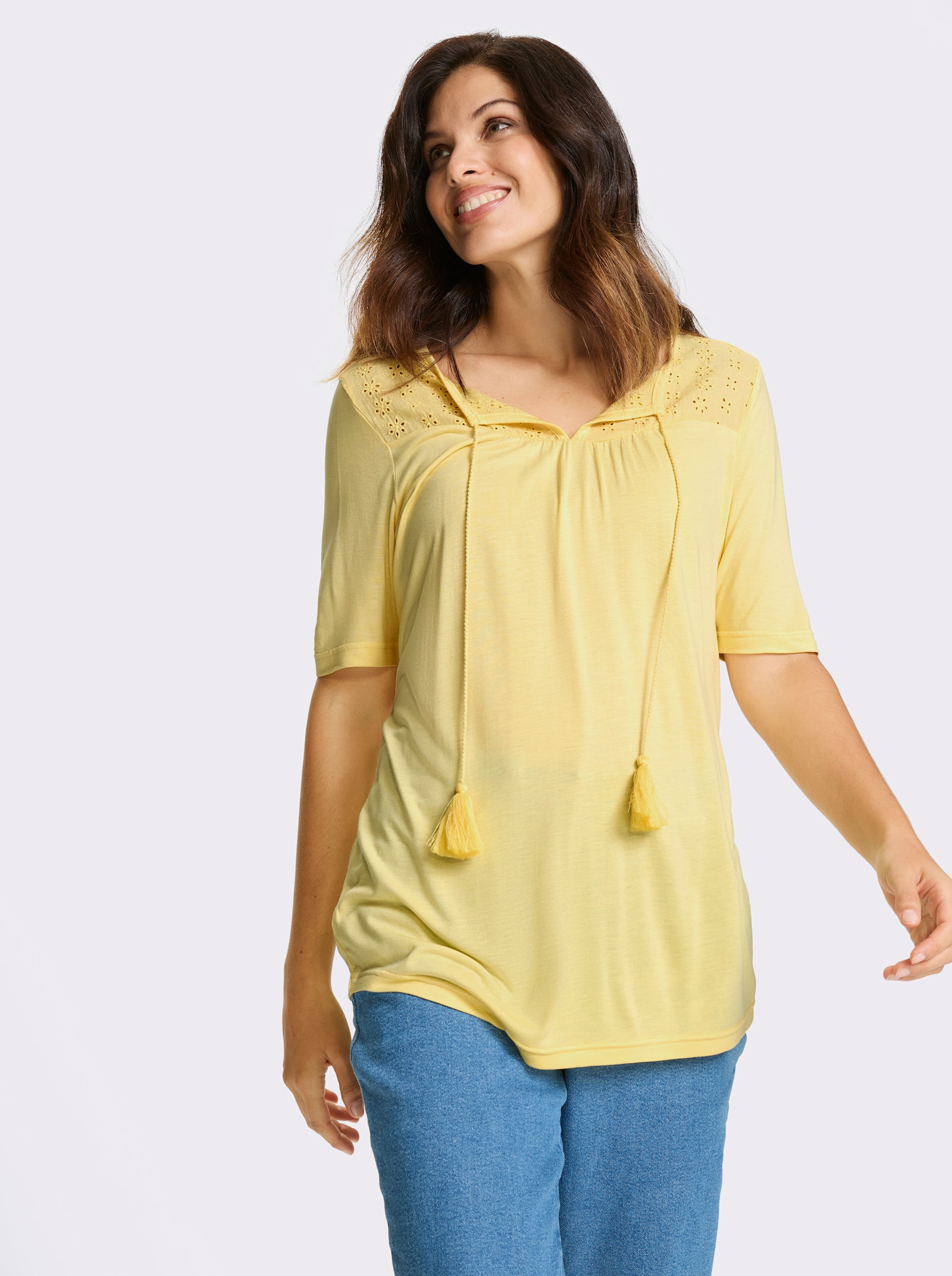 Shirt met korte mouwen en inzet met ajourwerk - citroen