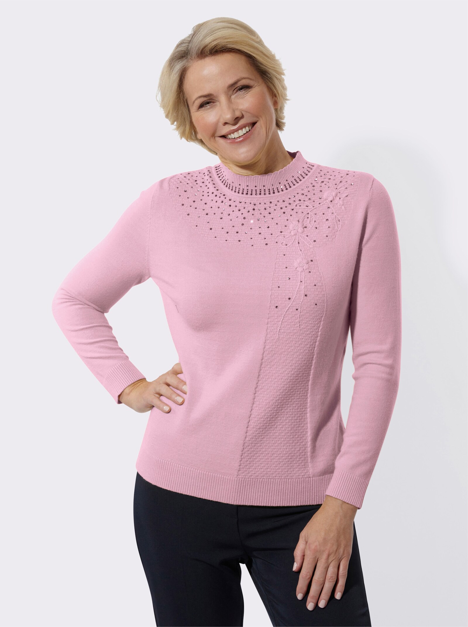 Stehkragenpullover mit Stickerei - rosé