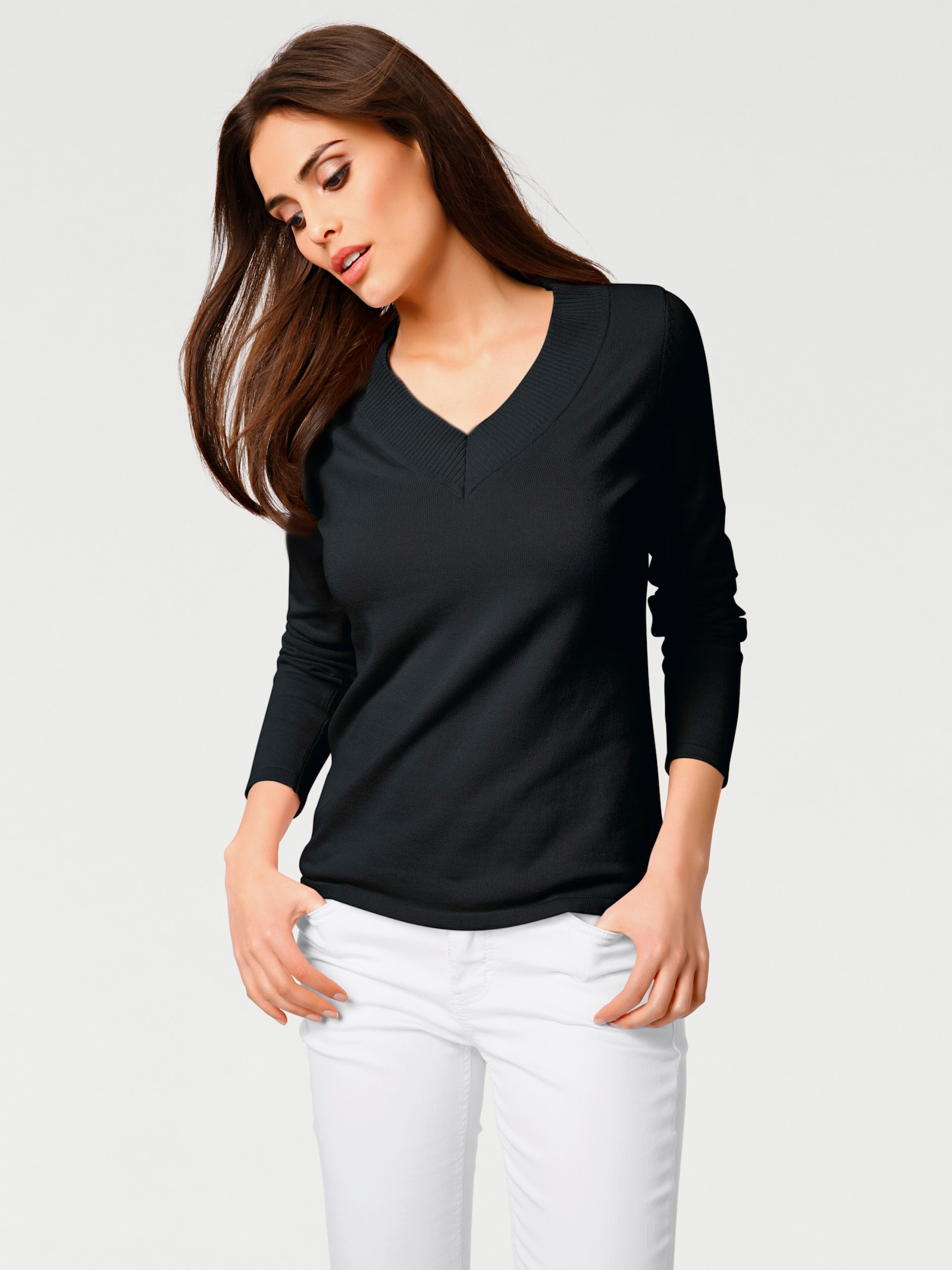 heine V-Ausschnitt-Pullover aus reiner Baumwolle - schwarz