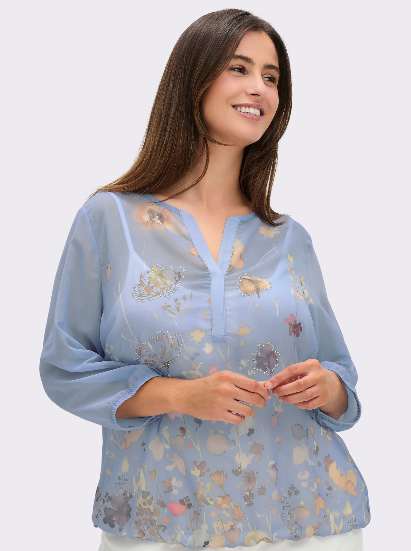 Schlupfbluse mit Spaghetti-Top - bleu-bedruckt