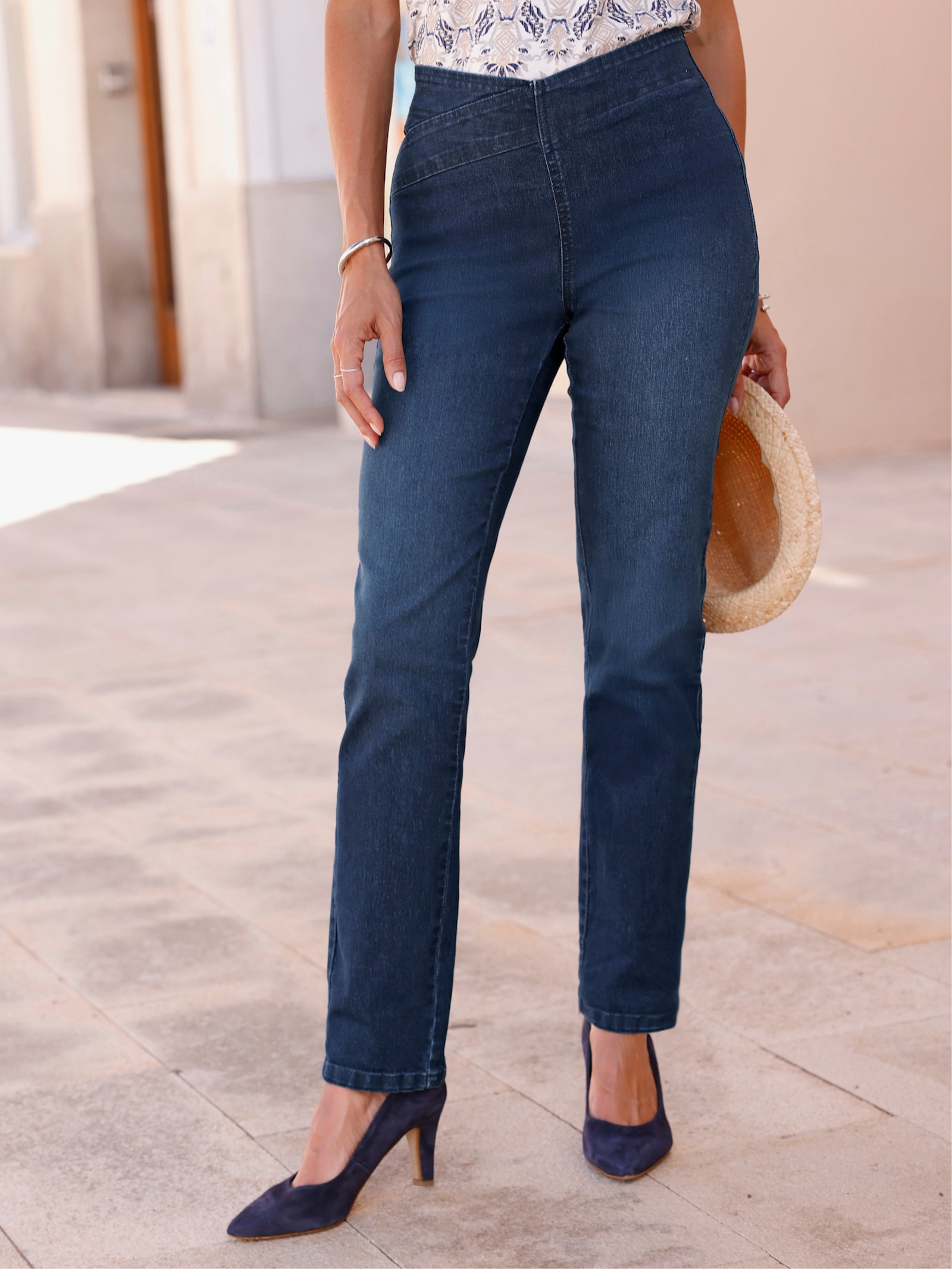 Jeans mit überlappendem Dehnbund - dark blue