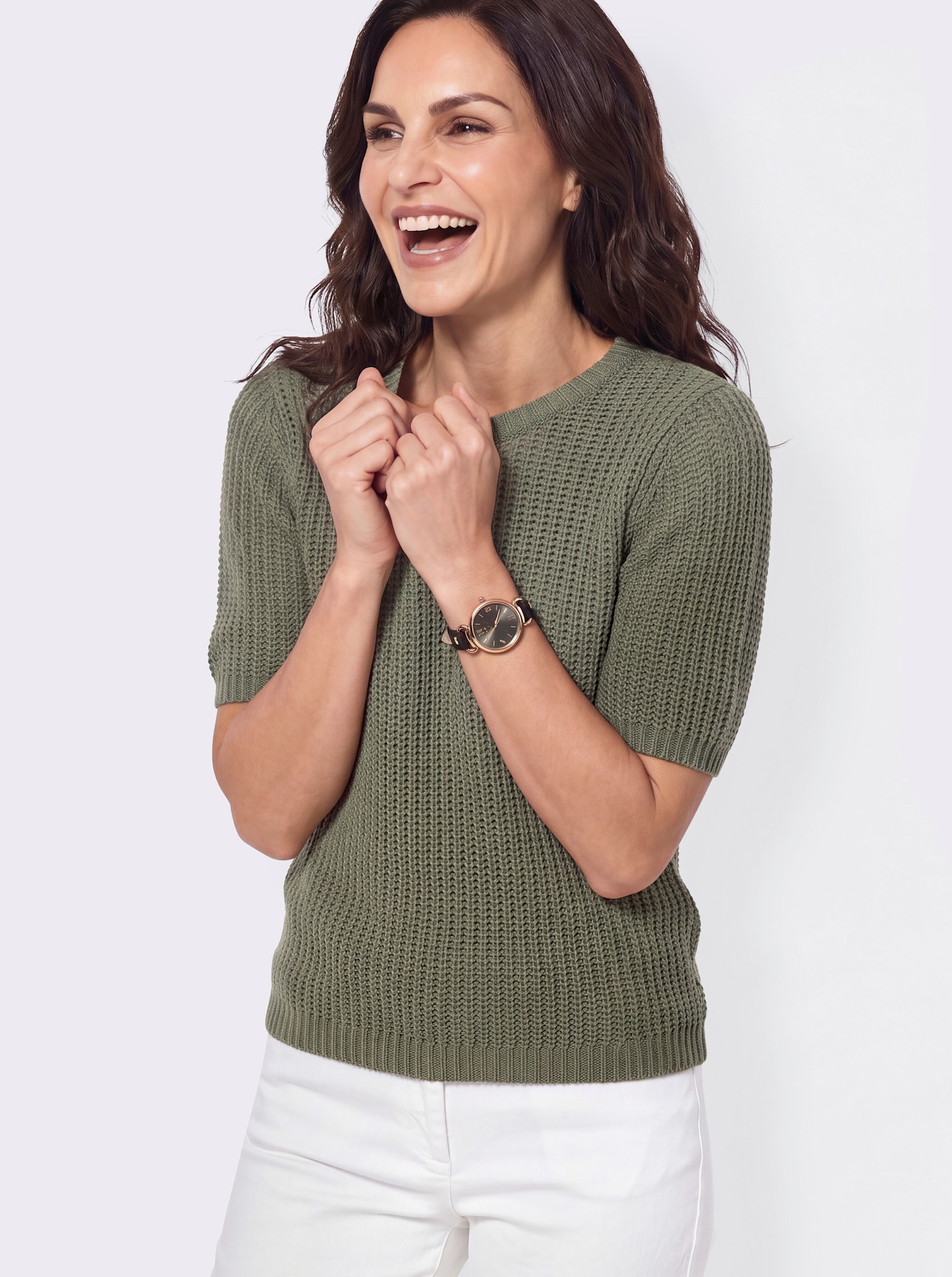 Kurzarmpullover aus Bändchengarn - khaki