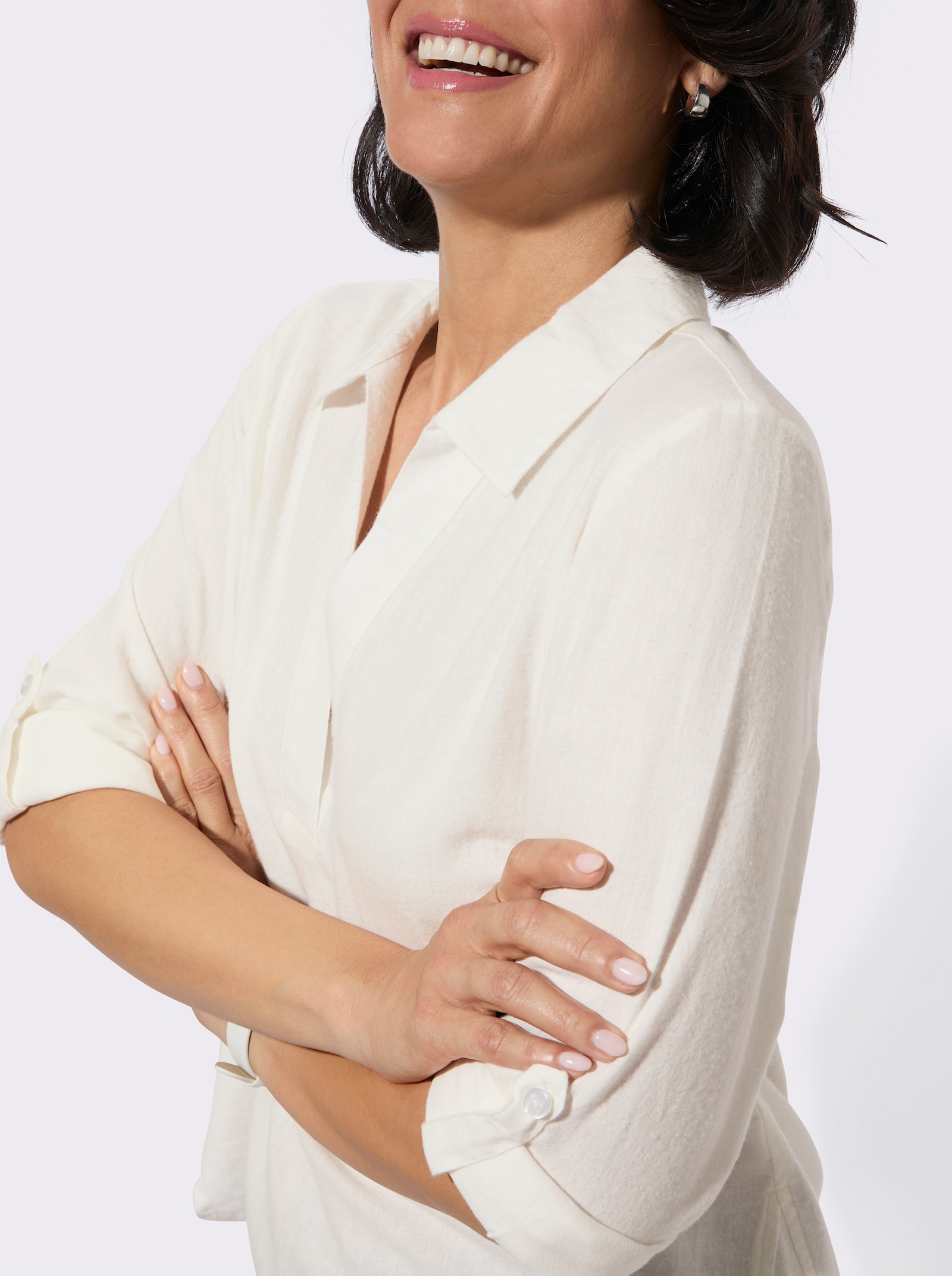 Flanellbluse mit krempelbaren Ärmeln - ecru