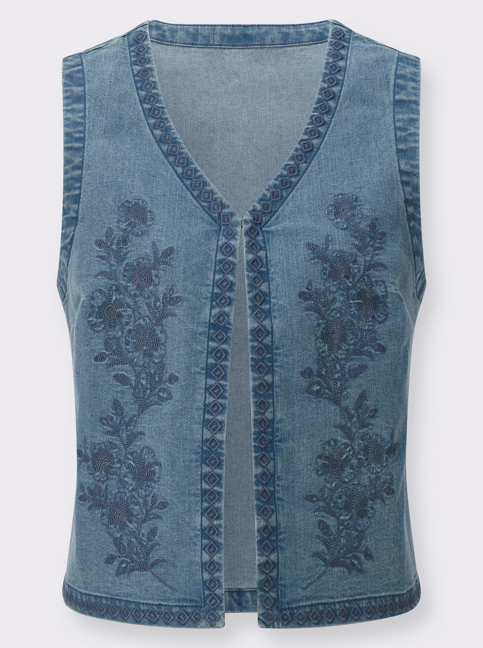 Jeansweste mit Blütenstickerei - blue-bleached