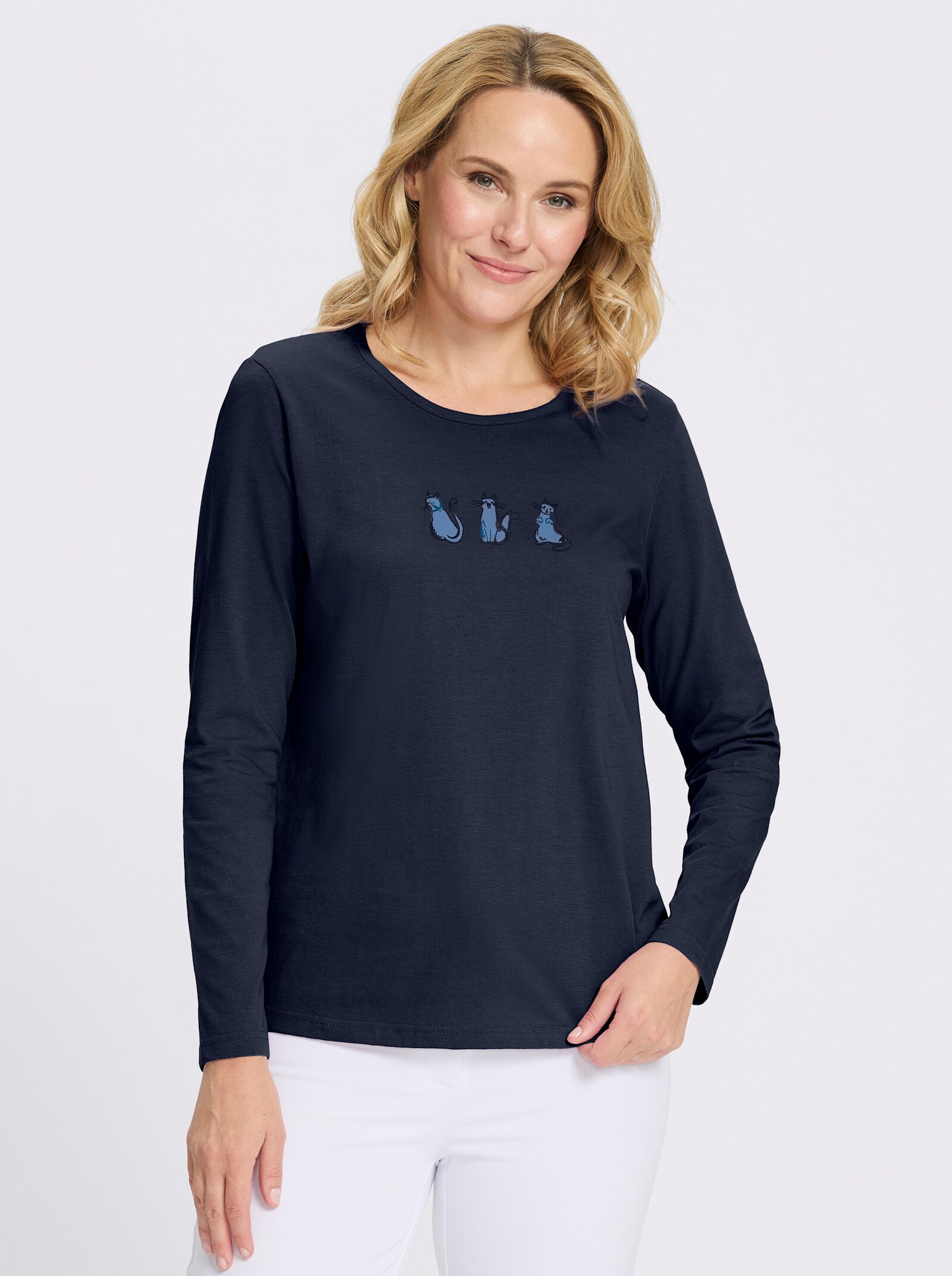 Rundhalsshirt mit Katzen-Motiv - marine-bleu