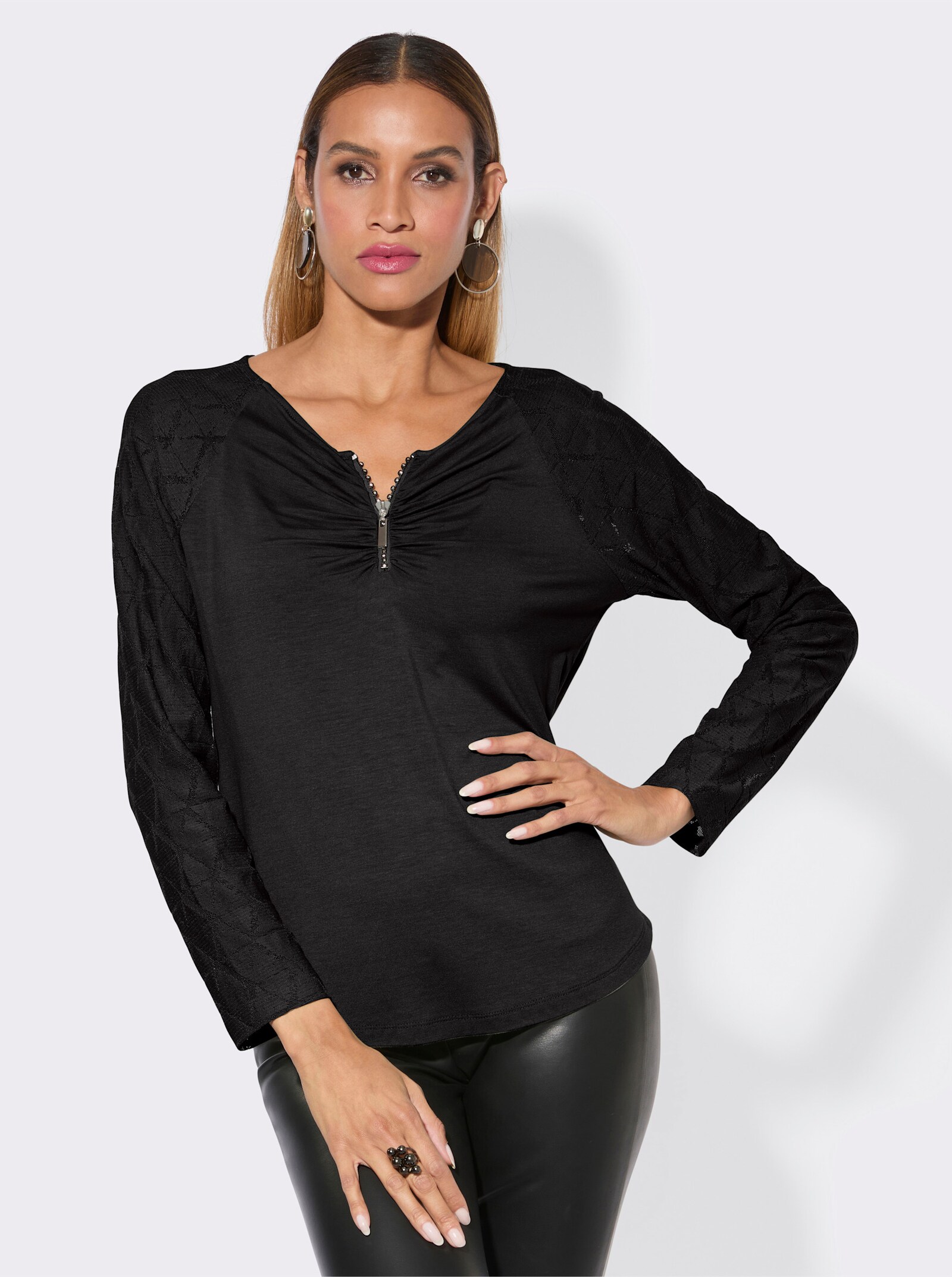 Spitzenshirt mit Reißverschluss - schwarz