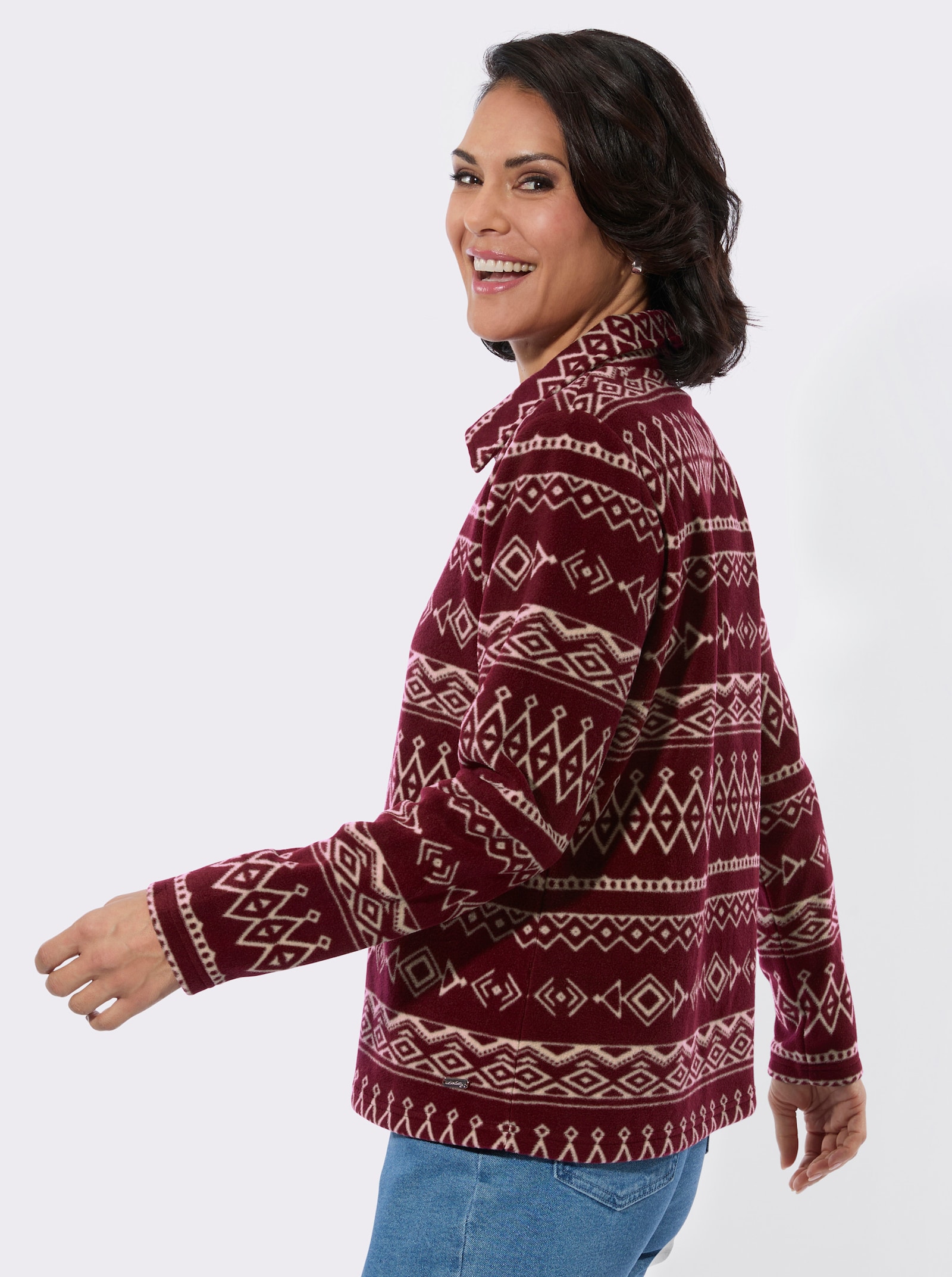 Fleeceshirt mit Reißverschluss - bordeaux-beige-bedruckt