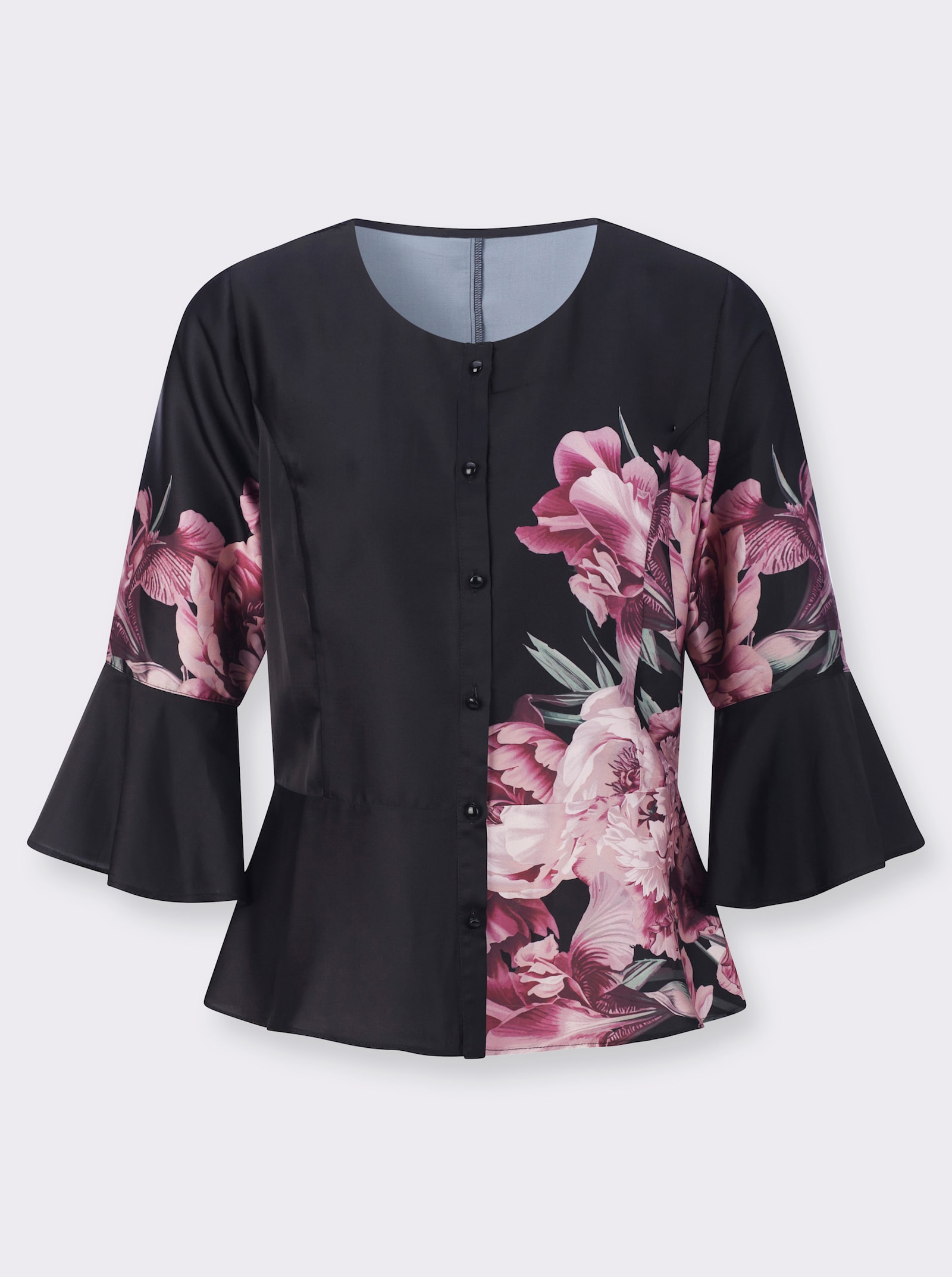 Druckbluse mit Volant-Abschluss - schwarz-hortensie-bedruckt