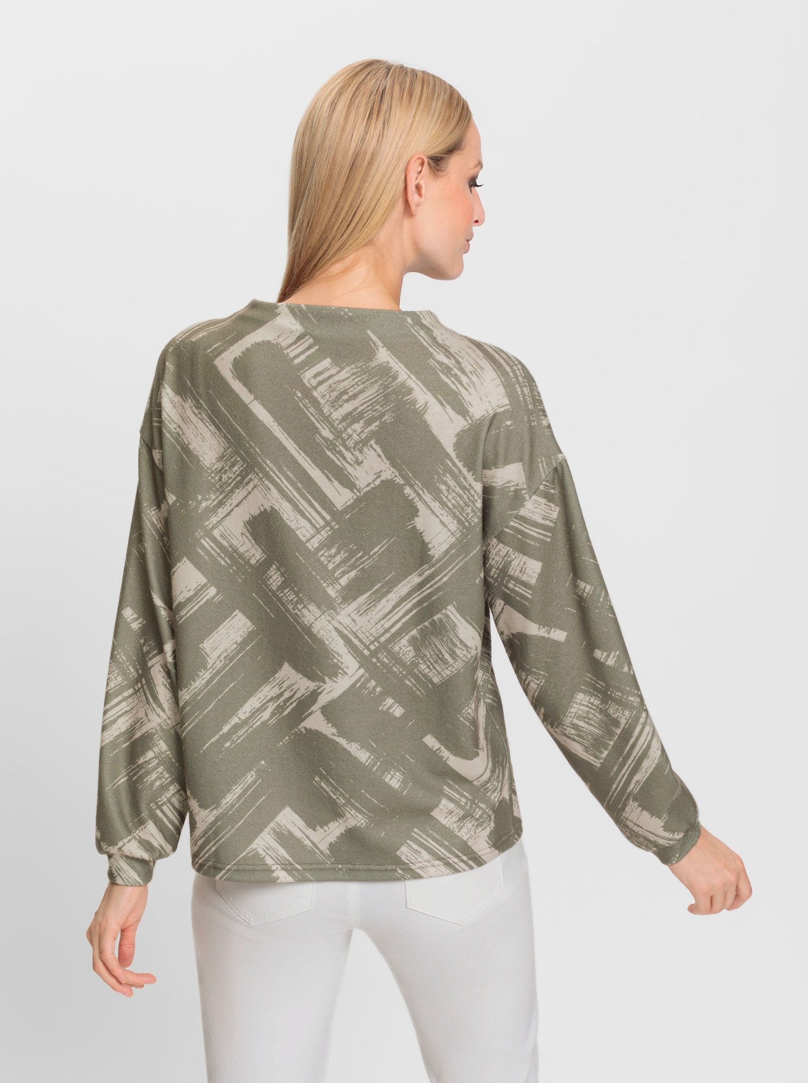 heine Langarmshirt mit Kelchkragen - khaki-sand-bedruckt