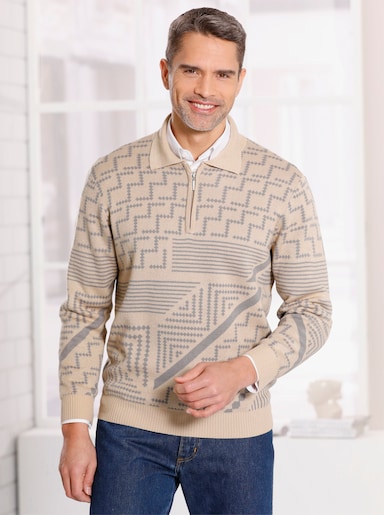 Polopullover - beige-grau-gemustert