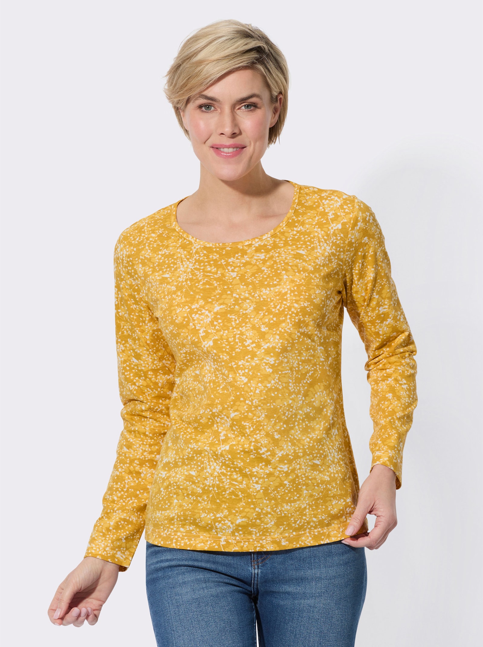 Rundhalsshirt in Single-Jersey-Qualität - ocker-gelb-bedruckt