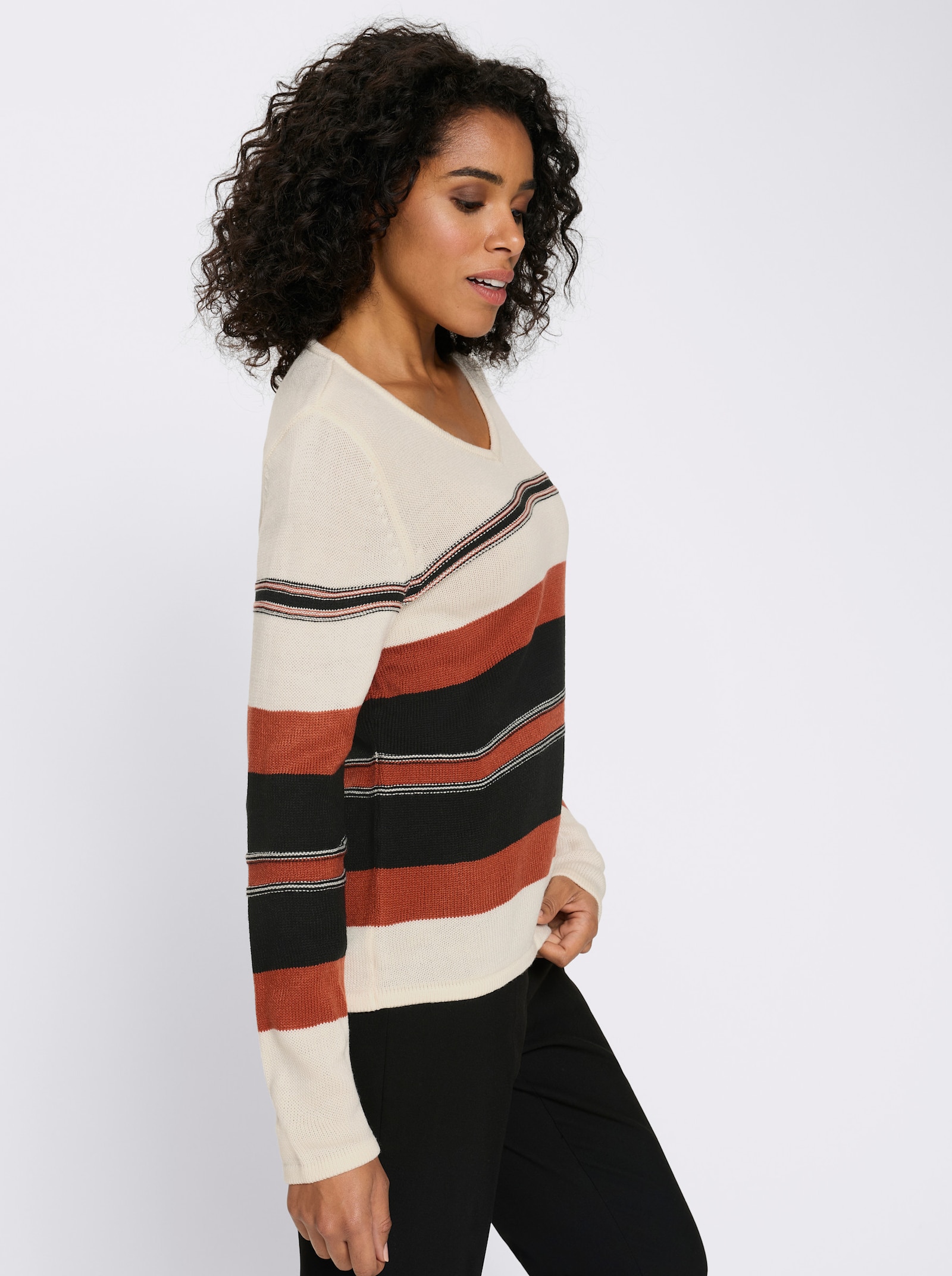 V-Ausschnitt-Pullover - champagner-schwarz-geringelt