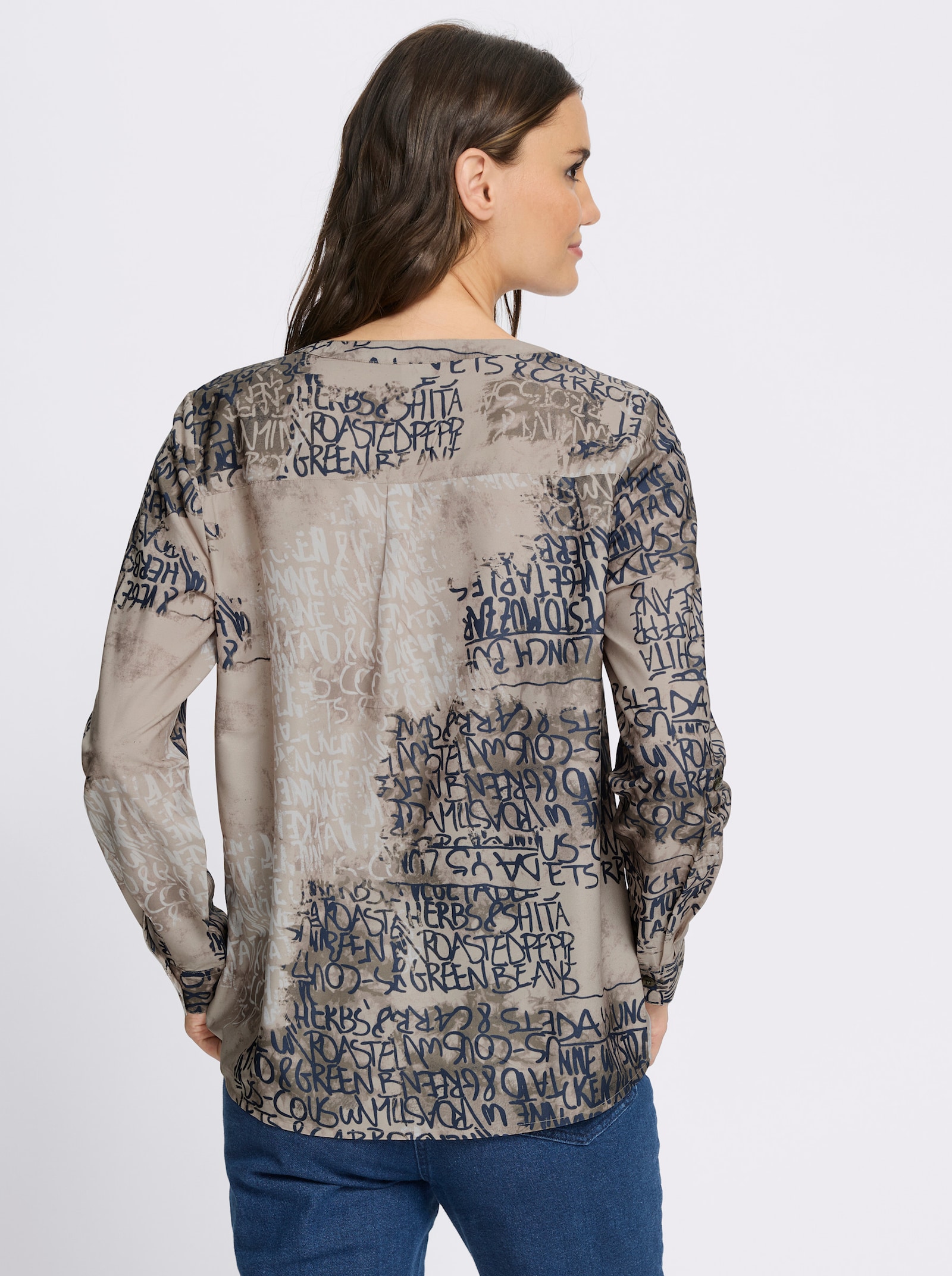 Druckbluse mit kurzer Knopfleiste - beige-dunkelblau-bedruckt