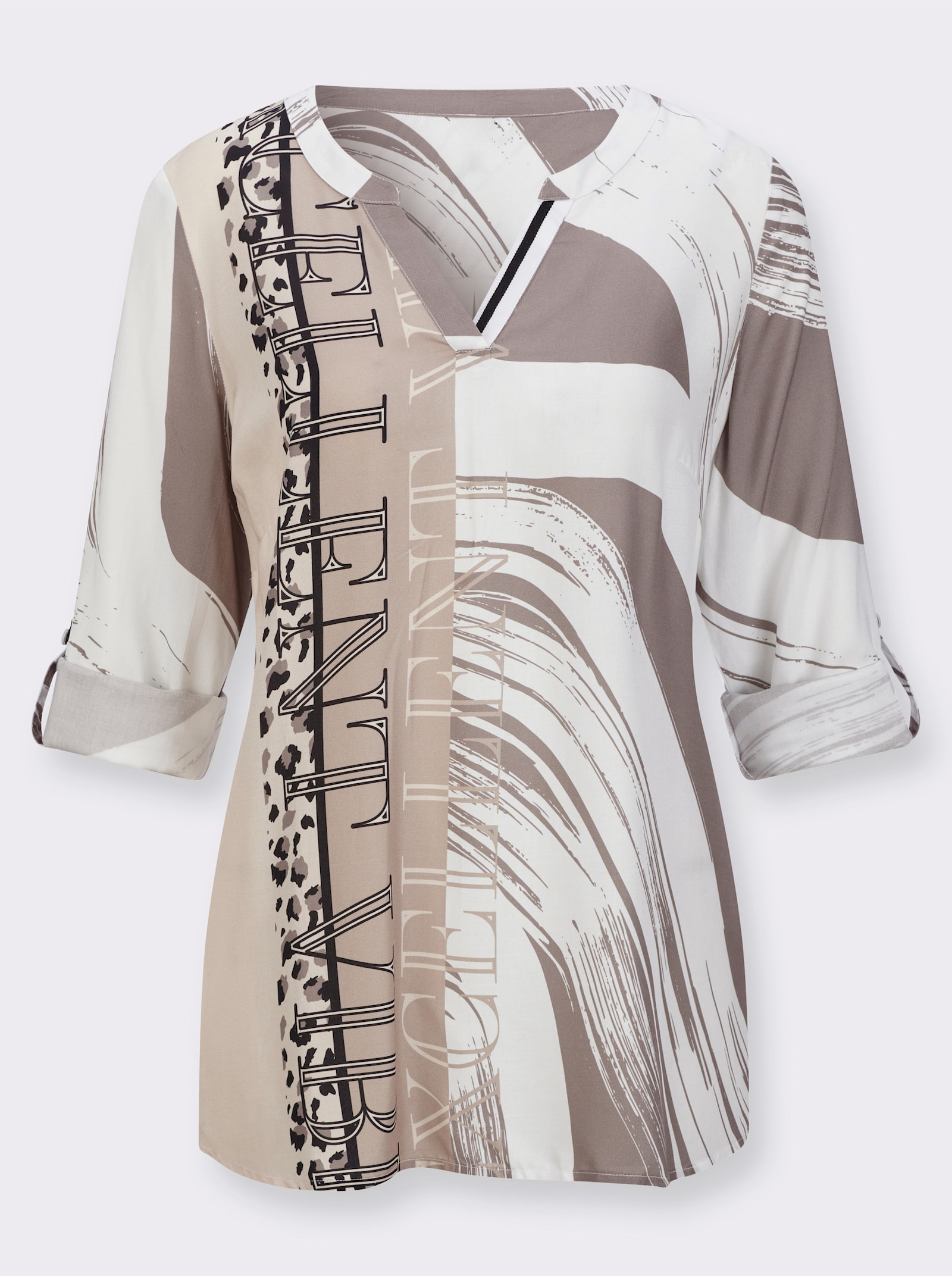 Schlupfbluse mit Kellerfalte hinten - ecru-taupe-bedruckt