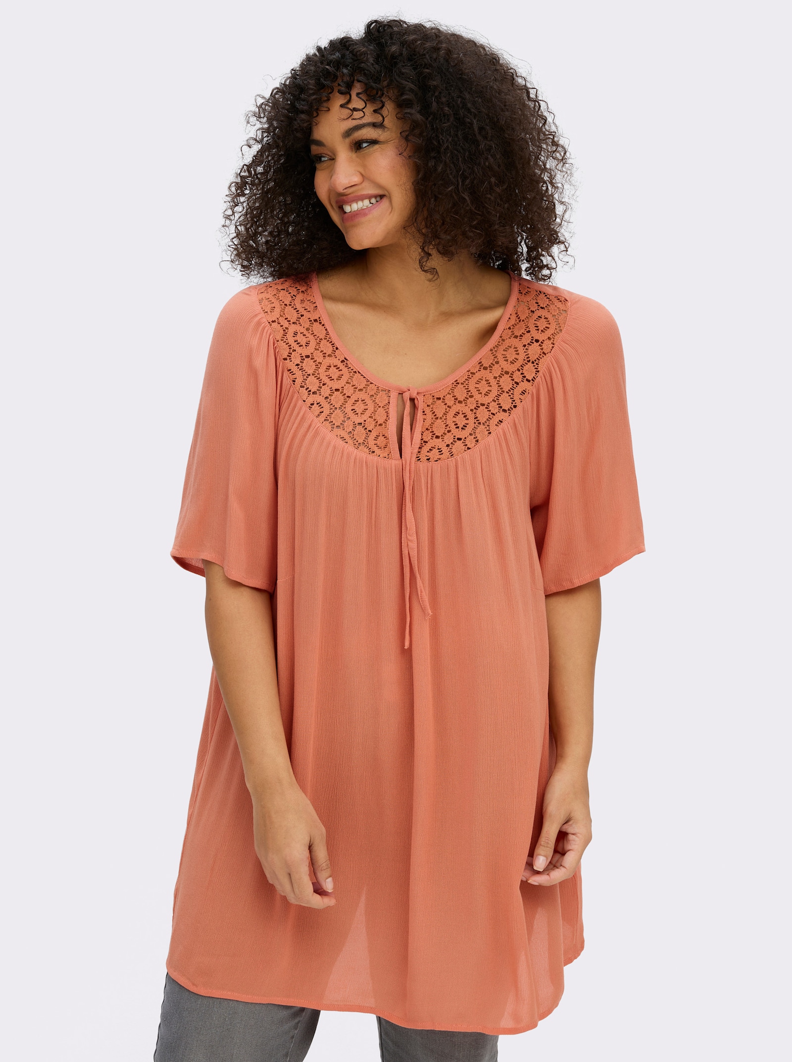 Tunika mit Spitzen-Einsatz - papaya