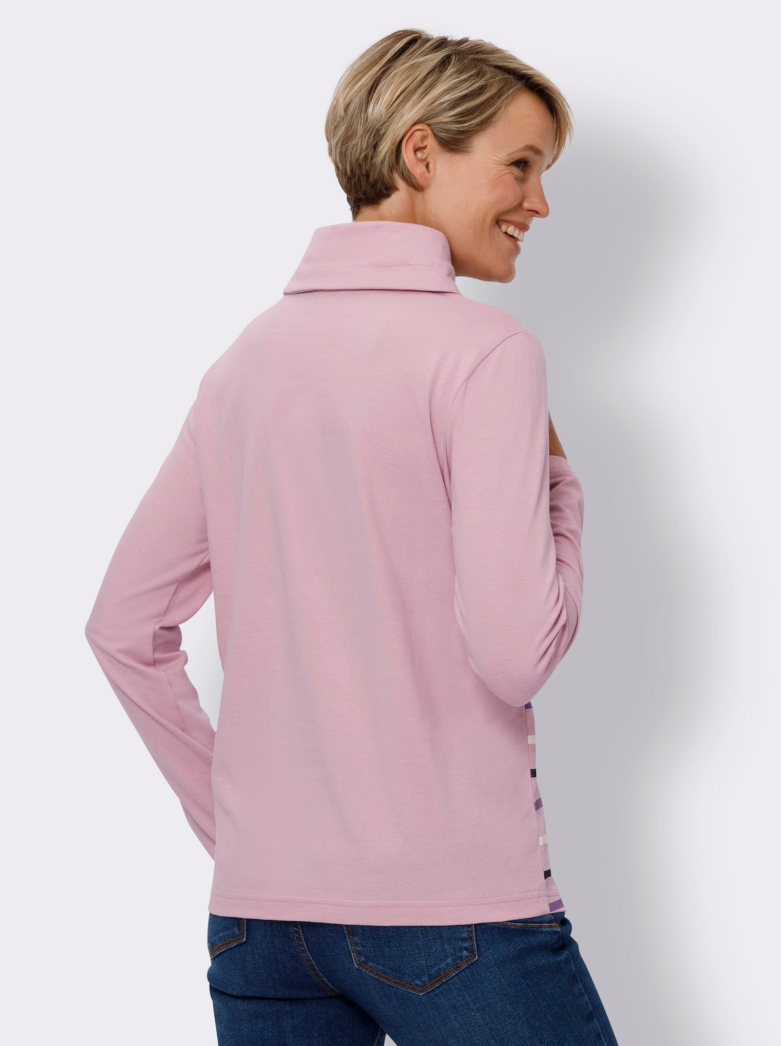 Rollkragenshirt mit platziertem Streifenmuster - rosé-marine-gestreift