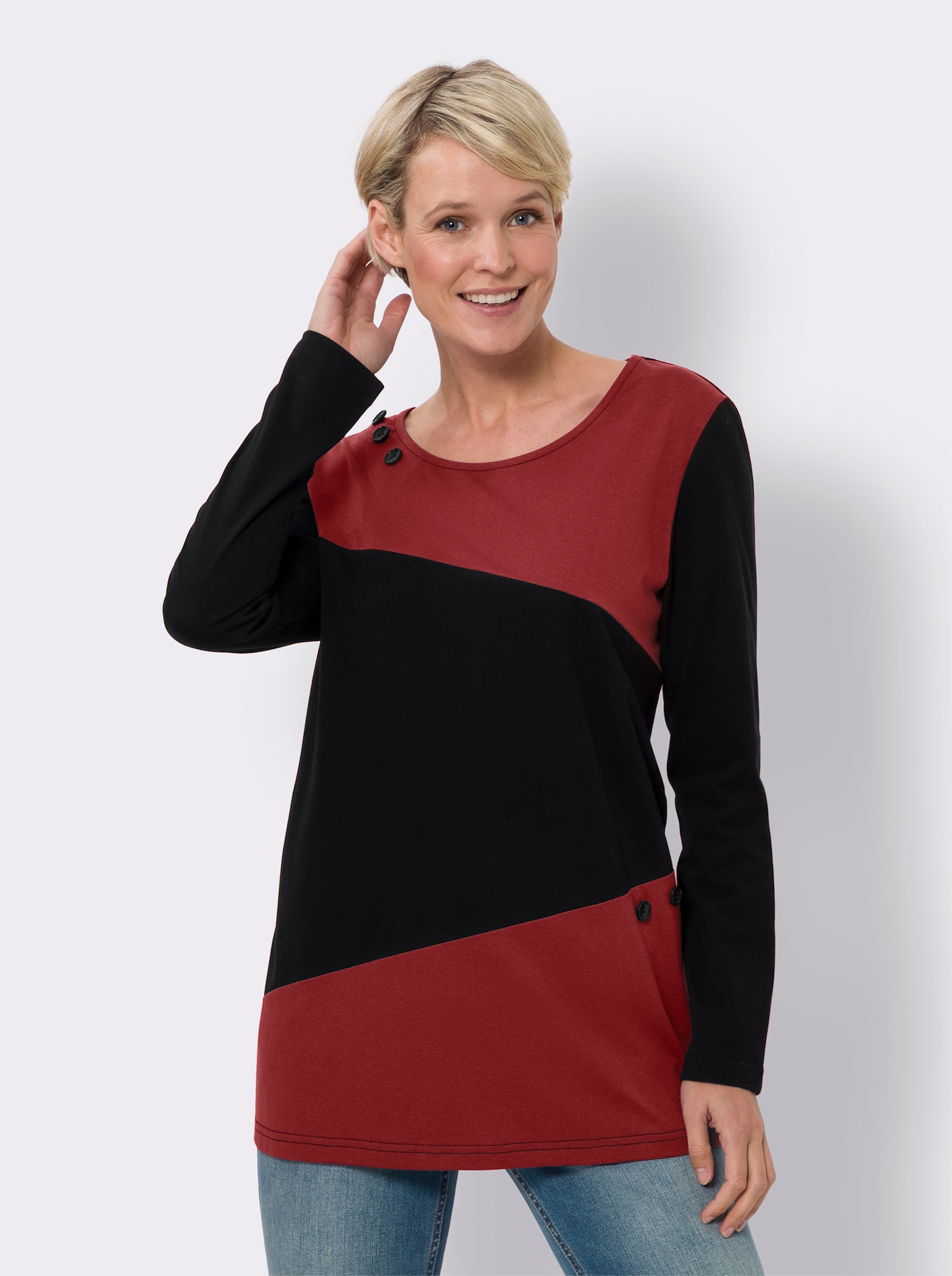 Longshirt mit dekorativen Knöpfen - schwarz-kirsche