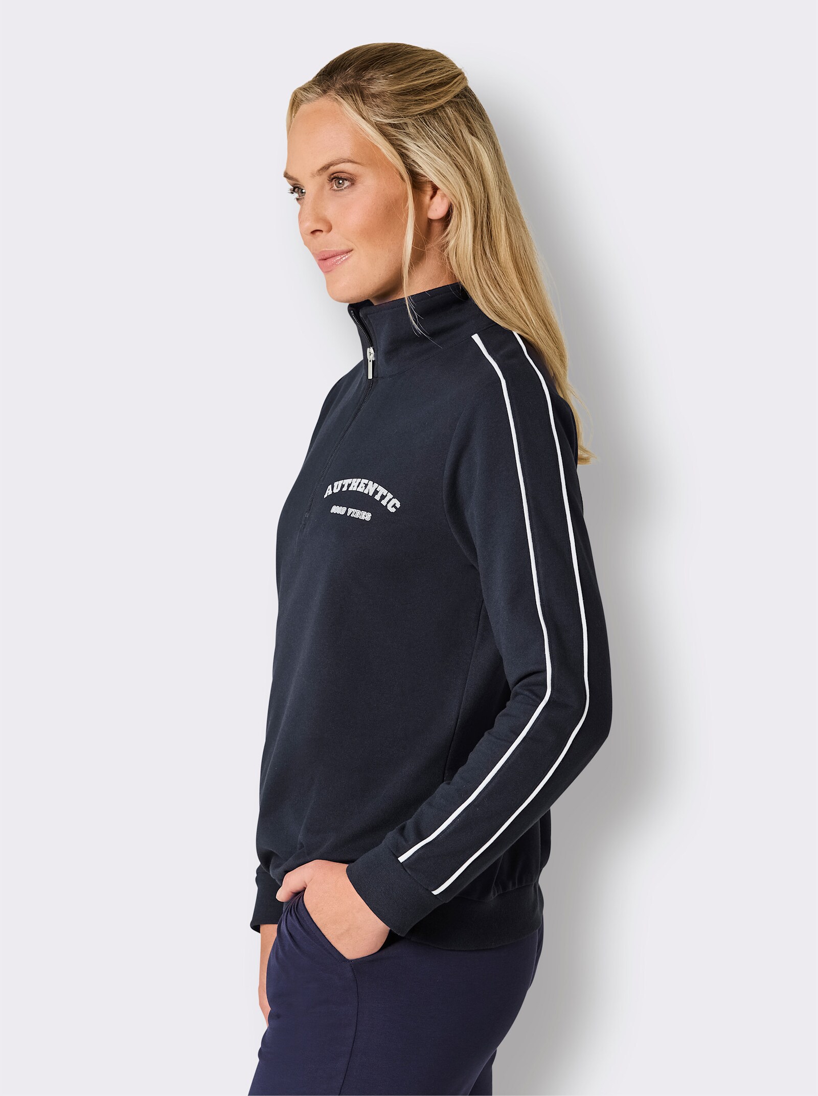 feel good Langarmshirt mit Zipper - marine-weiß