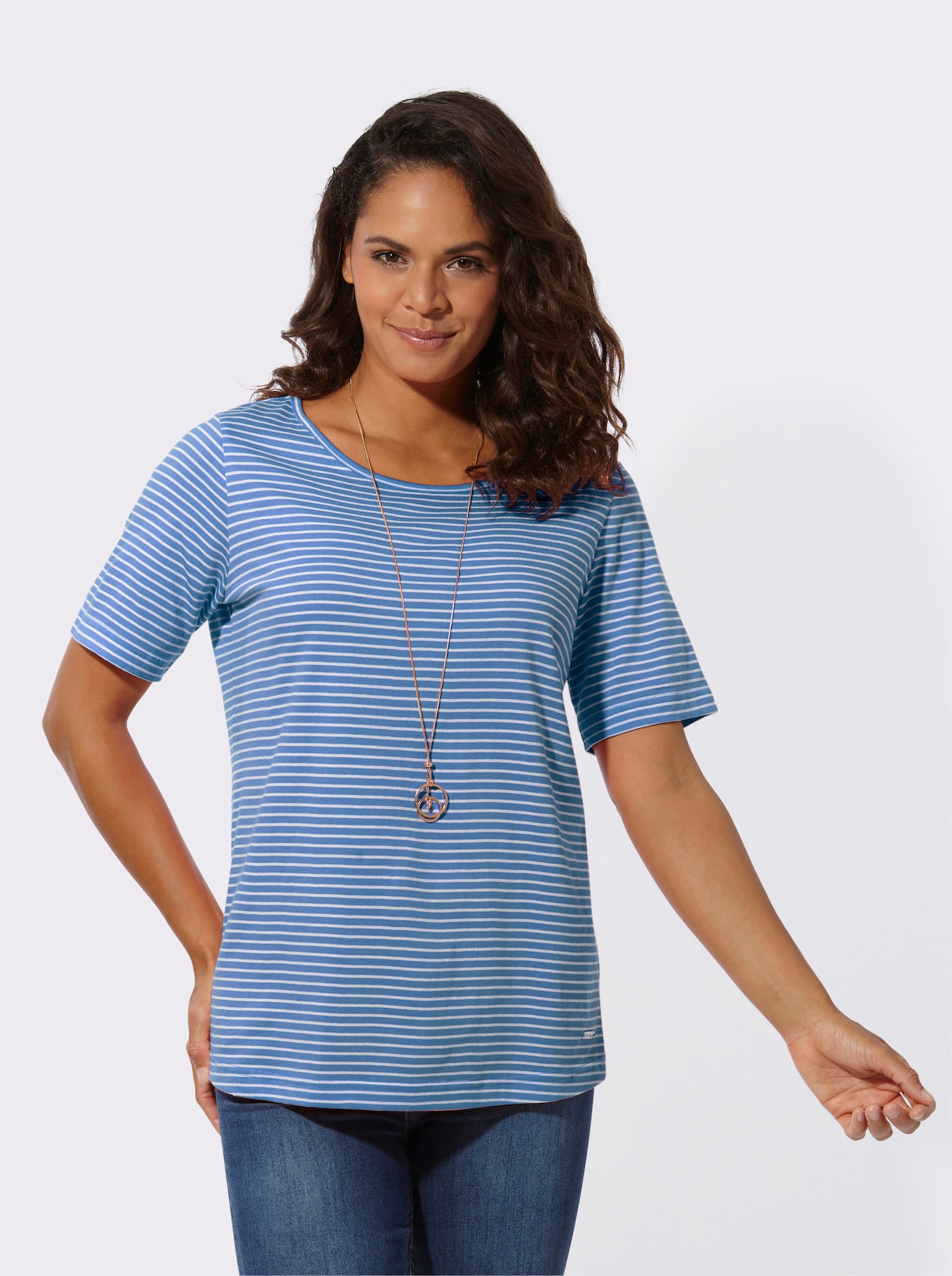 Ringelshirt mit kurzen Ärmeln - mittelblau-ecru-geringelt